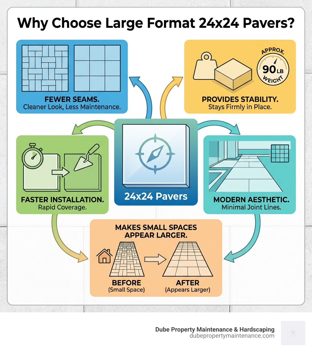 Infographic showing the benefits of 24x24 pavers including fewer seams for cleaner look, approximately 90 lb weight provides stability, faster installation coverage, modern aesthetic with minimal joint lines, and makes small spaces appear larger - 24x24 paver walkway ideas infographic 