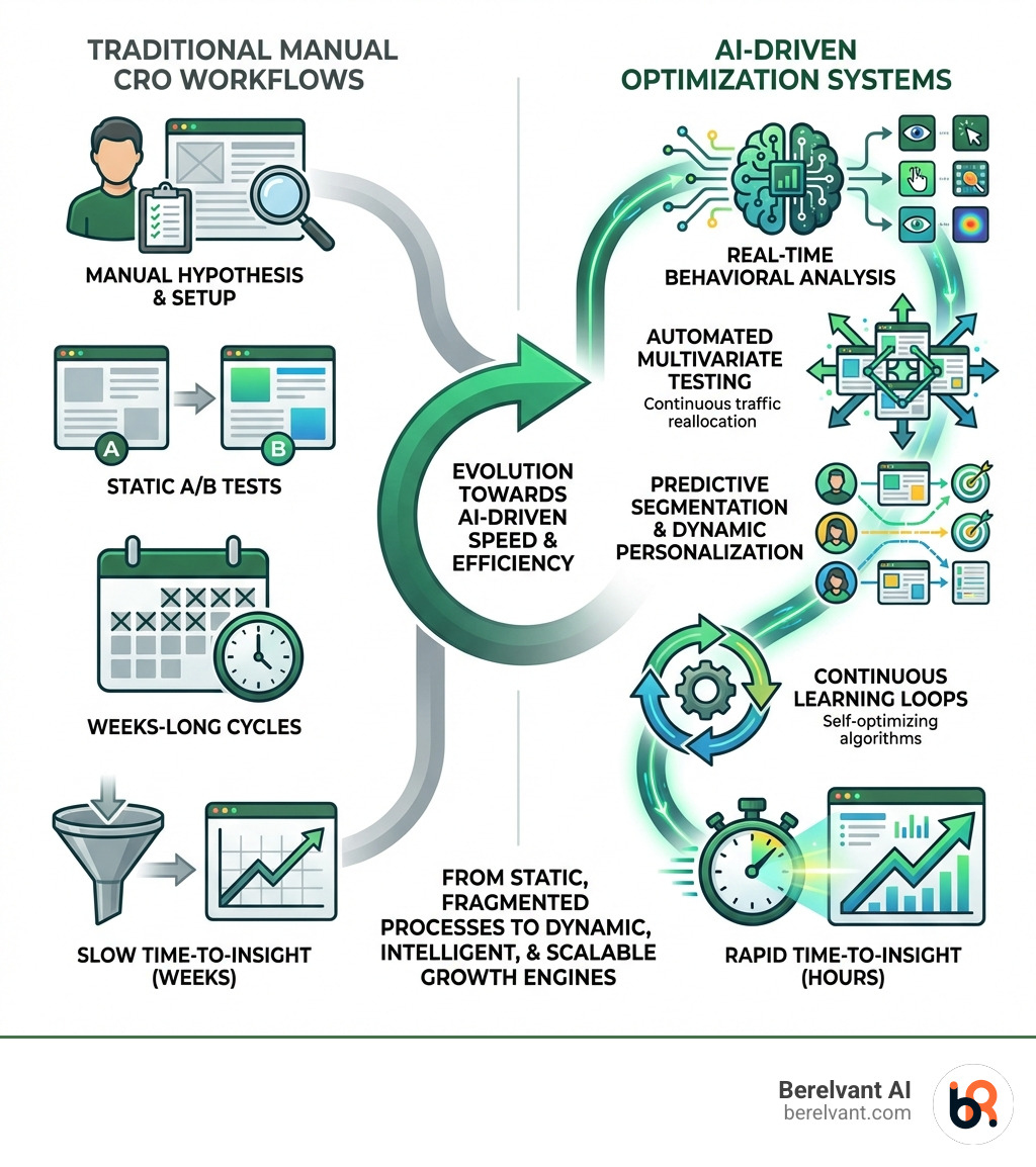 Infographic showing the evolution from traditional manual CRO workflows with static A/B tests and weeks-long cycles to AI-driven optimization systems featuring real-time behavioral analysis, automated multivariate testing, predictive segmentation, dynamic personalization, and continuous learning loops that reduce time-to-insight from weeks to hours - AI conversion optimization infographic 