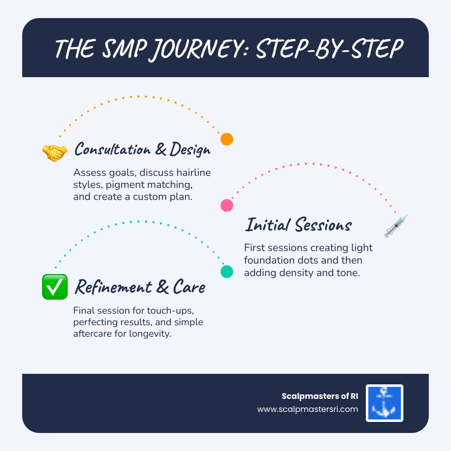 Infographic showing the scalp micropigmentation process: consultation and hairline design, first session creating light foundation dots, second session adding density and tone, third session for touch-ups and perfecting results, followed by minimal aftercare for long-lasting natural appearance - scalp micropigmentation rhode island infographic infographic-line-3-steps-blues-accent_colors Infographic showing the scalp micropigmentation process: consultation and hairline design, first session creating light foundation dots, second session adding density and tone, third session for touch-ups and perfecting results, followed by minimal aftercare for long-lasting natural appearance - scalp micropigmentation rhode island infographic infographic-line-3-steps-blues-accent_colors