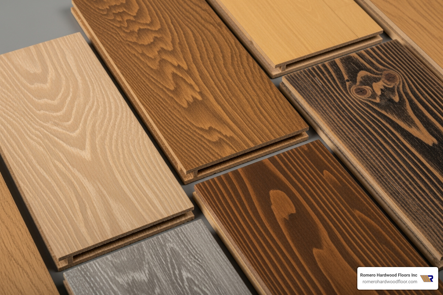 different wood flooring samples, including solid oak, engineered hickory, and various finishes - Wood floor installation company