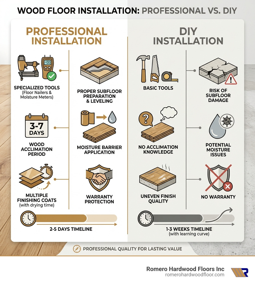 infographic showing professional installation benefits versus DIY: professional includes specialized tools like floor nailers and moisture meters, proper subfloor preparation and leveling, wood acclimation period of 3-7 days, moisture barrier application, multiple finishing coats with drying time, warranty protection, and timeline of 2-5 days versus DIY showing basic tools, risk of subfloor damage, no acclimation knowledge, potential moisture issues, uneven finish quality, no warranty, and timeline of 1-3 weeks with learning curve - Wood floor installation company infographic 