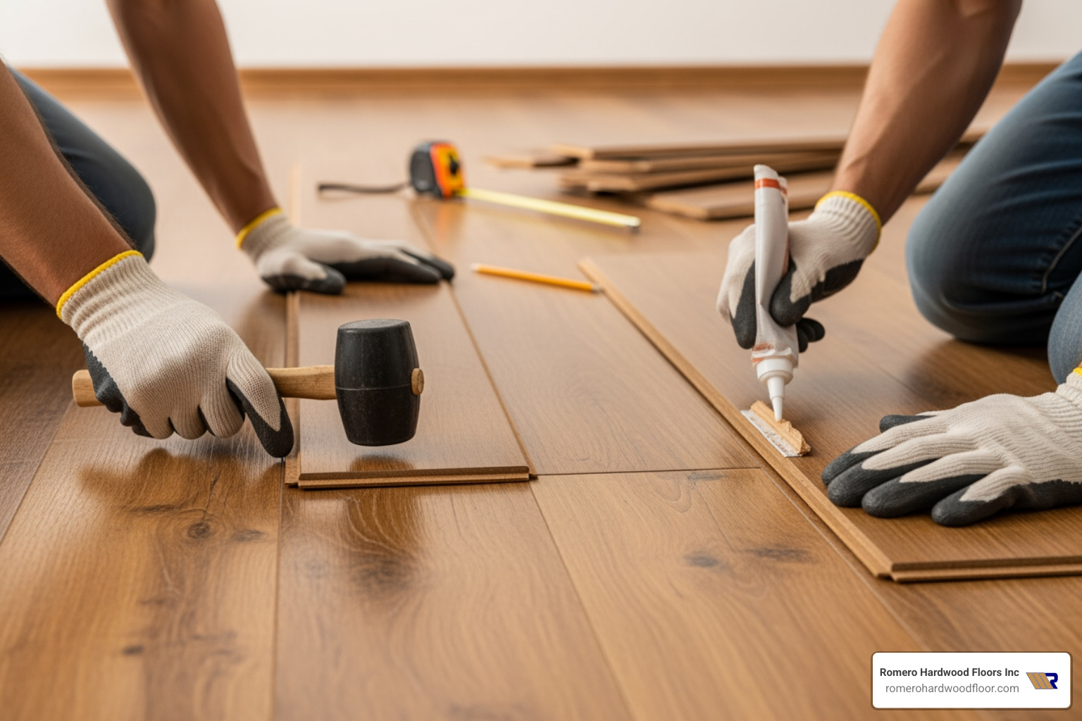 professional installers carefully laying down hardwood planks - Wood floor installation company