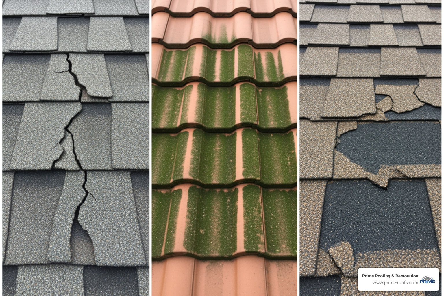 collage showing examples of roof damage such as cracked shingles, algae streaks, and missing granules - residential roofing solutions collage showing examples of roof damage such as cracked shingles, algae streaks, and missing granules - residential roofing solutions