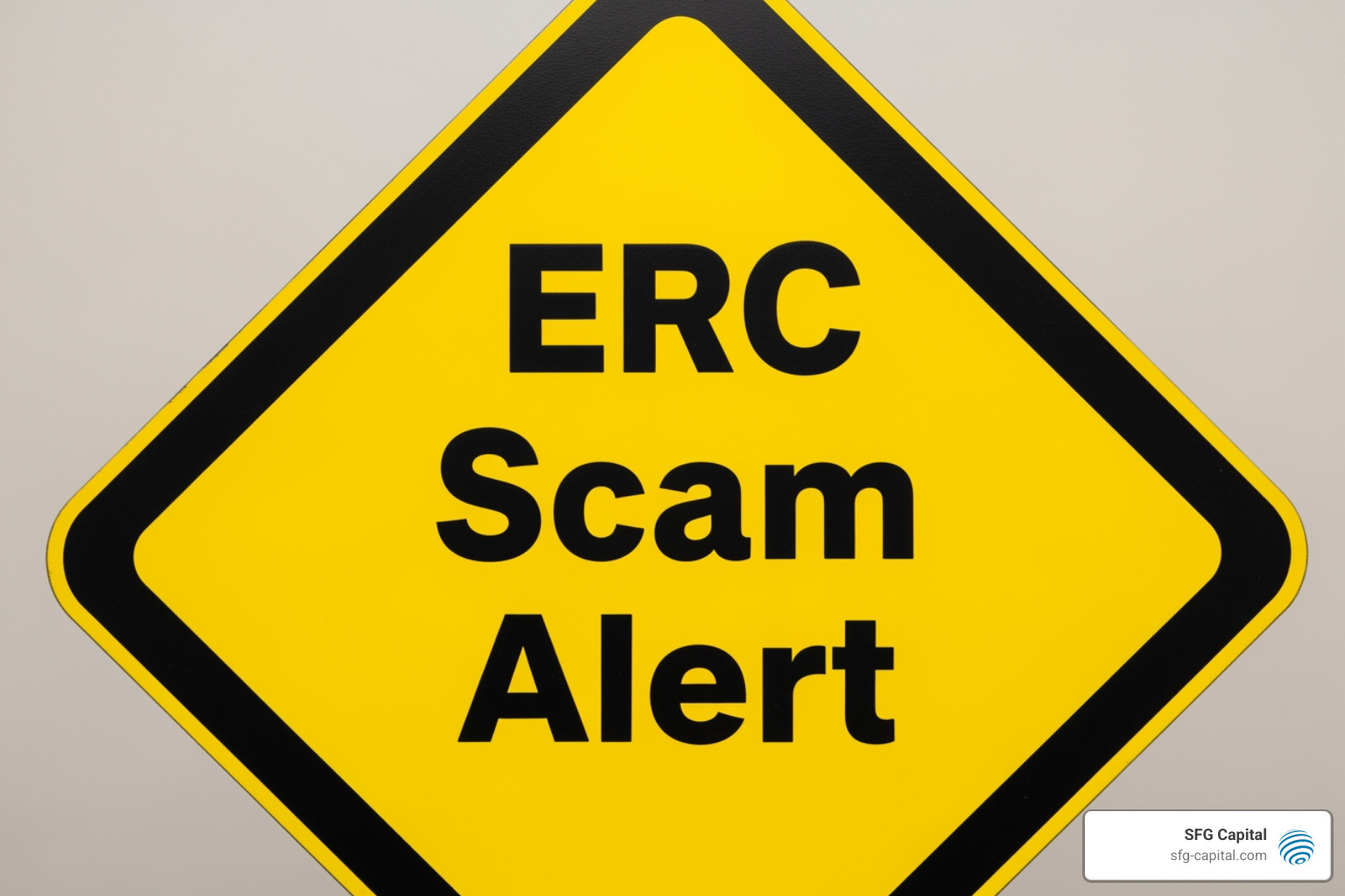 Warning sign with "ERC Scam Alert" text. - ERC tax credit services Warning sign with "ERC Scam Alert" text. - ERC tax credit services