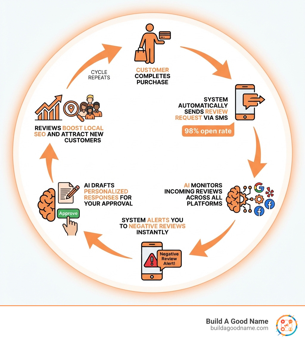 Infographic showing the automated review cycle: Customer completes purchase → System automatically sends review request via SMS (98% open rate) → AI monitors incoming reviews across all platforms → System alerts you to negative reviews instantly → AI drafts personalized responses for your approval → Reviews boost local SEO and attract new customers → Cycle repeats - Automated review system infographic 
