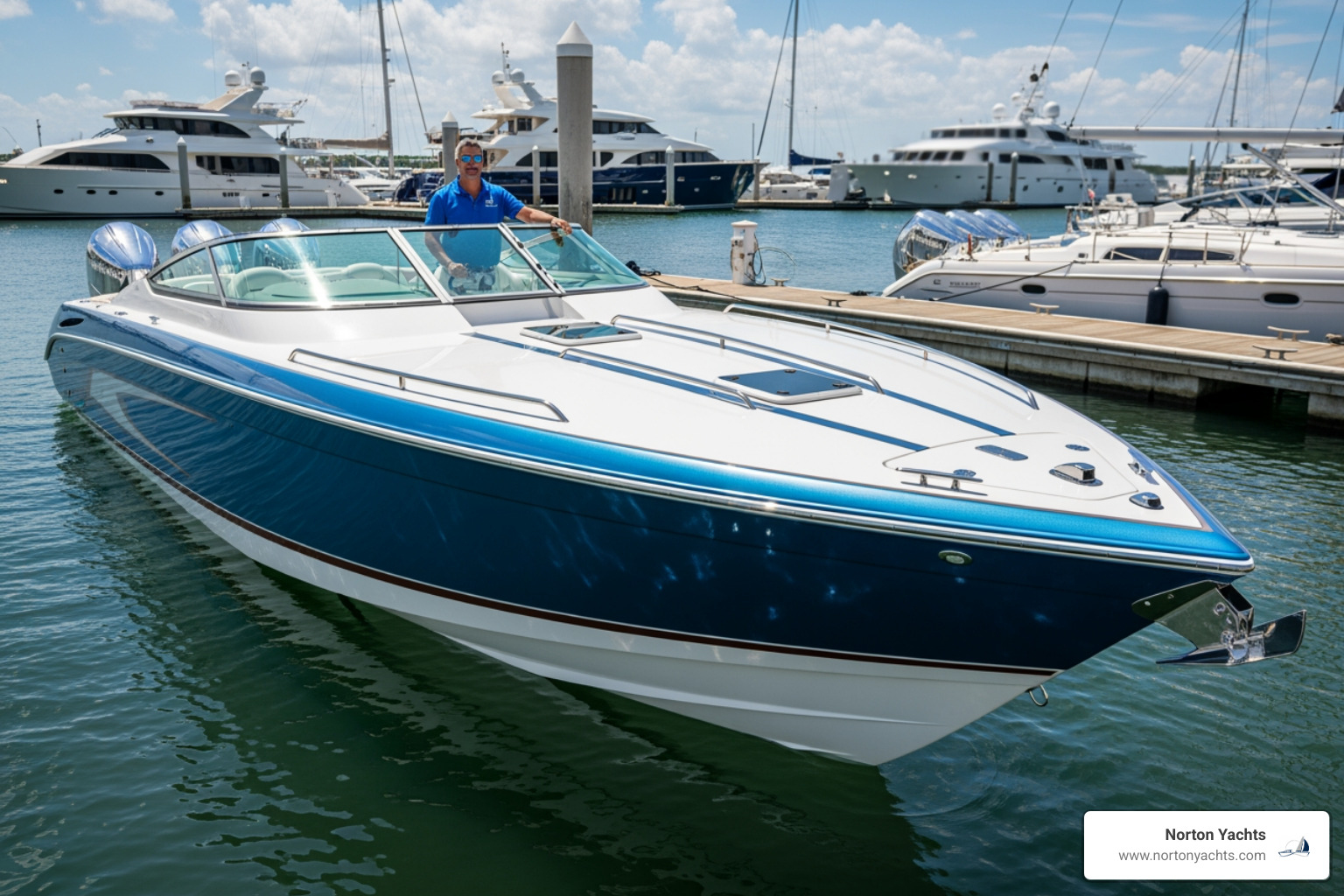 a brand new, gleaming powerboat next to a well-maintained used powerboat at a dock - Powerboat buying guide a brand new, gleaming powerboat next to a well-maintained used powerboat at a dock - Powerboat buying guide