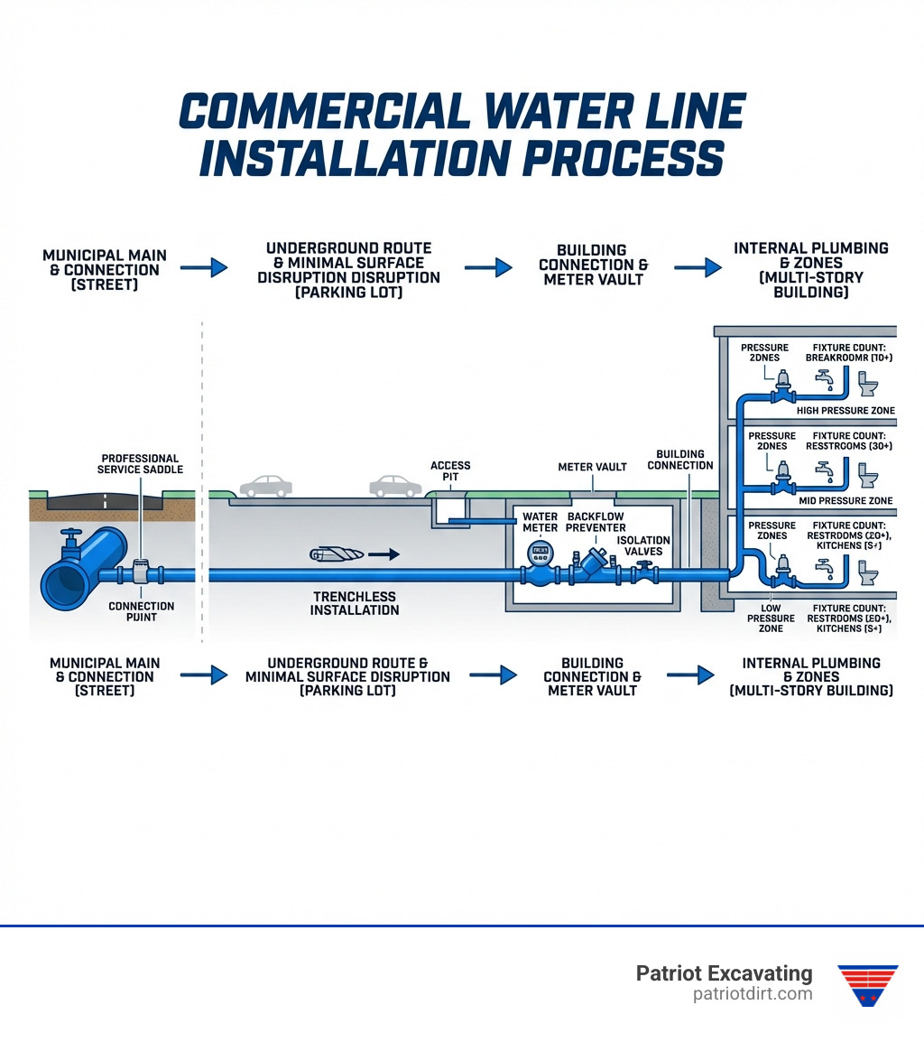 Infographic showing the complete commercial water line installation process: starting from the municipal water main connection point in the street, the underground pipe route passing beneath a commercial parking lot with minimal surface disruption, the connection to the building foundation through a meter vault with backflow prevention device, and finally the transition to the internal plumbing system serving multiple floors of a commercial building with fixture counts and pressure zones labeled - commercial water line installation infographic 