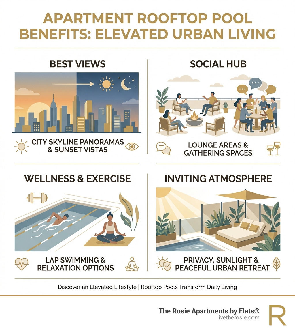 Infographic showing key benefits of rooftop pools in apartment buildings: Best Views section displays city skyline panoramas and sunset vistas; Social Hub section shows lounge areas and gathering spaces; Wellness & Exercise section illustrates lap swimming and relaxation options; Inviting Atmosphere section depicts privacy, sunlight, and peaceful urban retreat features - apartment with rooftop pool infographic 