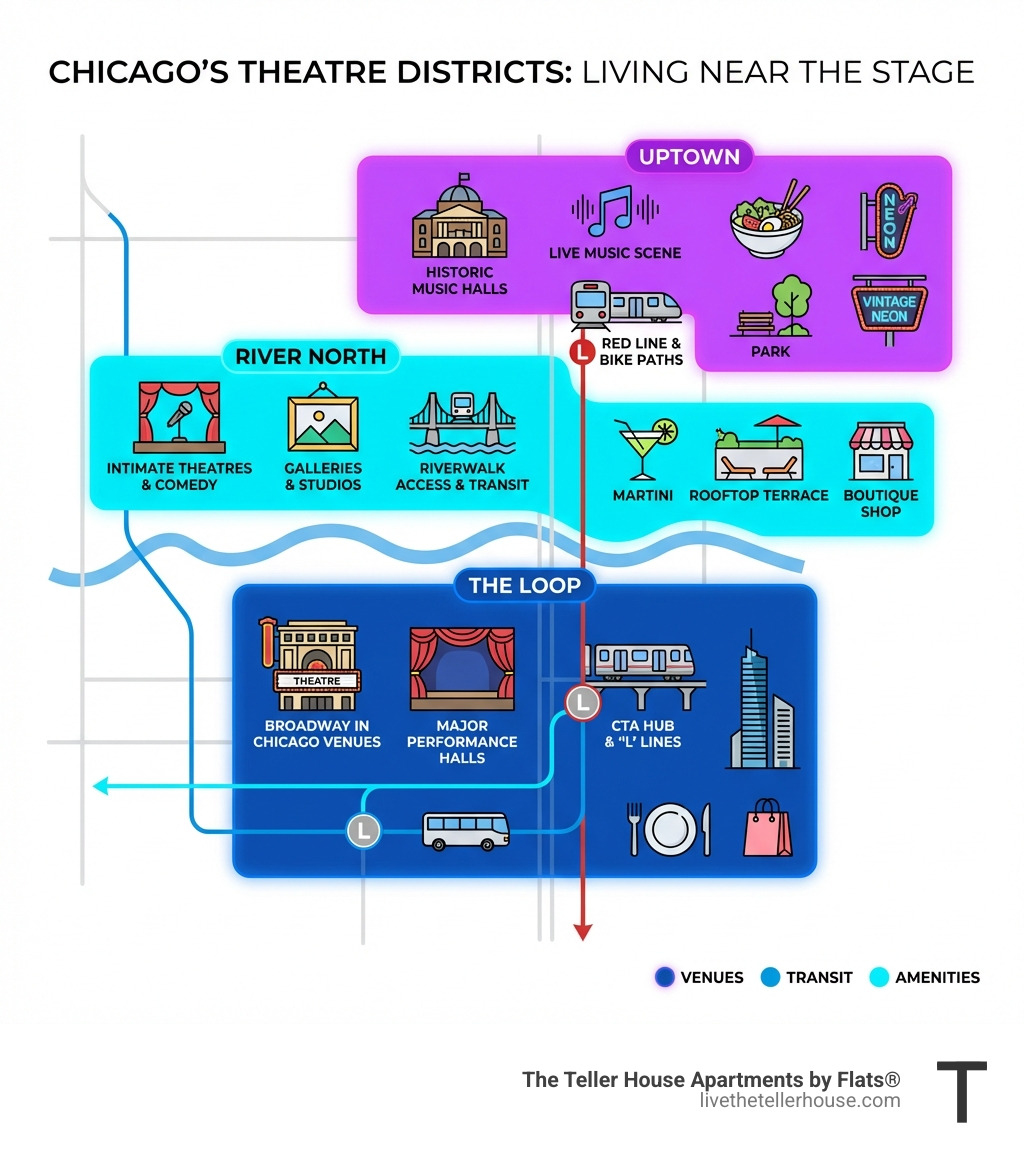 infographic showing map of Chicago's main theatre districts with The Loop, River North, and Uptown highlighted, including icons for major venues, transit lines, and key amenities in each area - apartments near chicago theatres infographic 