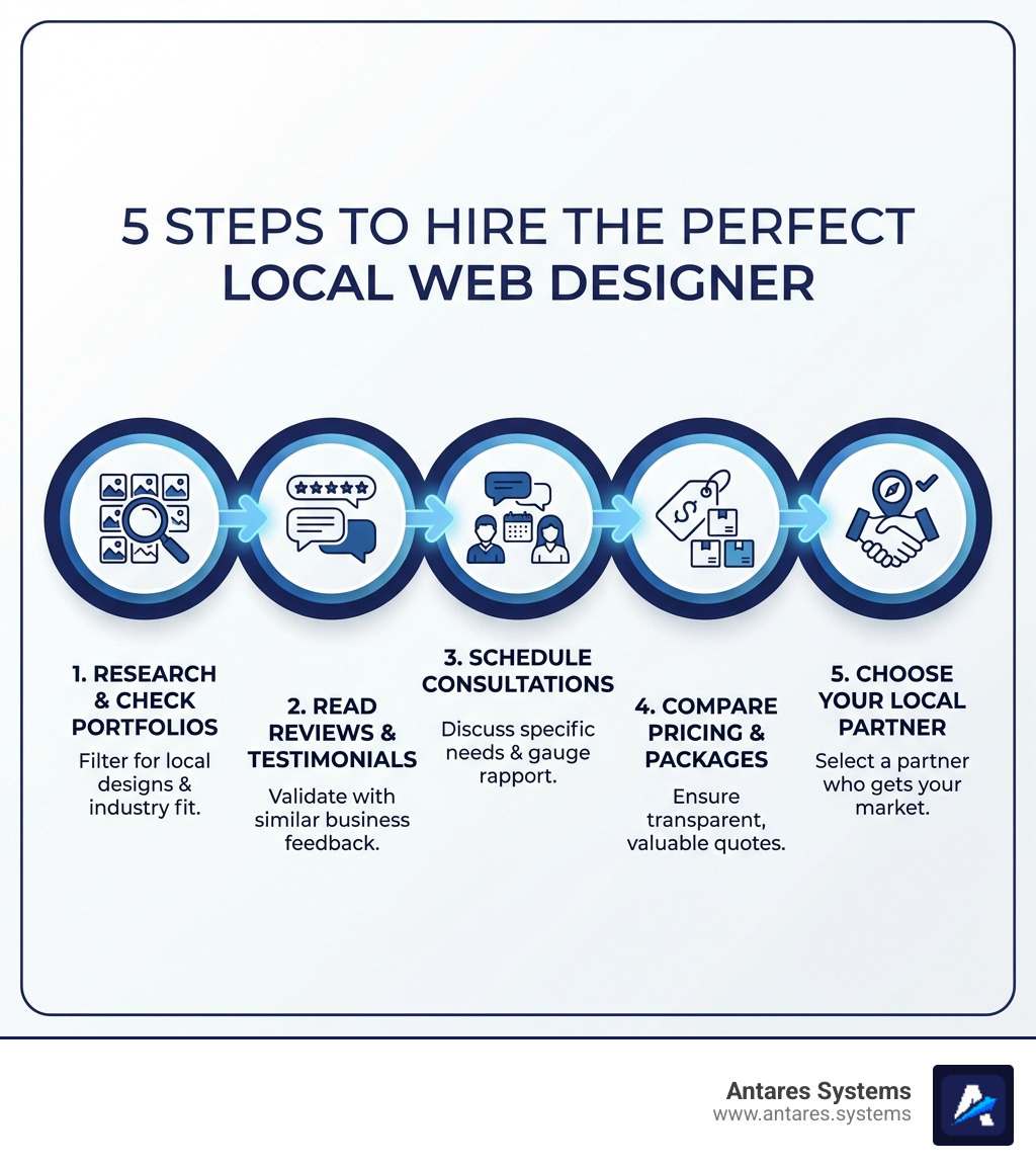 Infographic showing 5 steps to hire a local web designer: 1) Research local designers and check portfolios, 2) Read client testimonials and reviews, 3) Schedule consultations to discuss your needs, 4) Compare pricing and service packages, 5) Choose a partner who understands your local market - local website designers near me infographic 