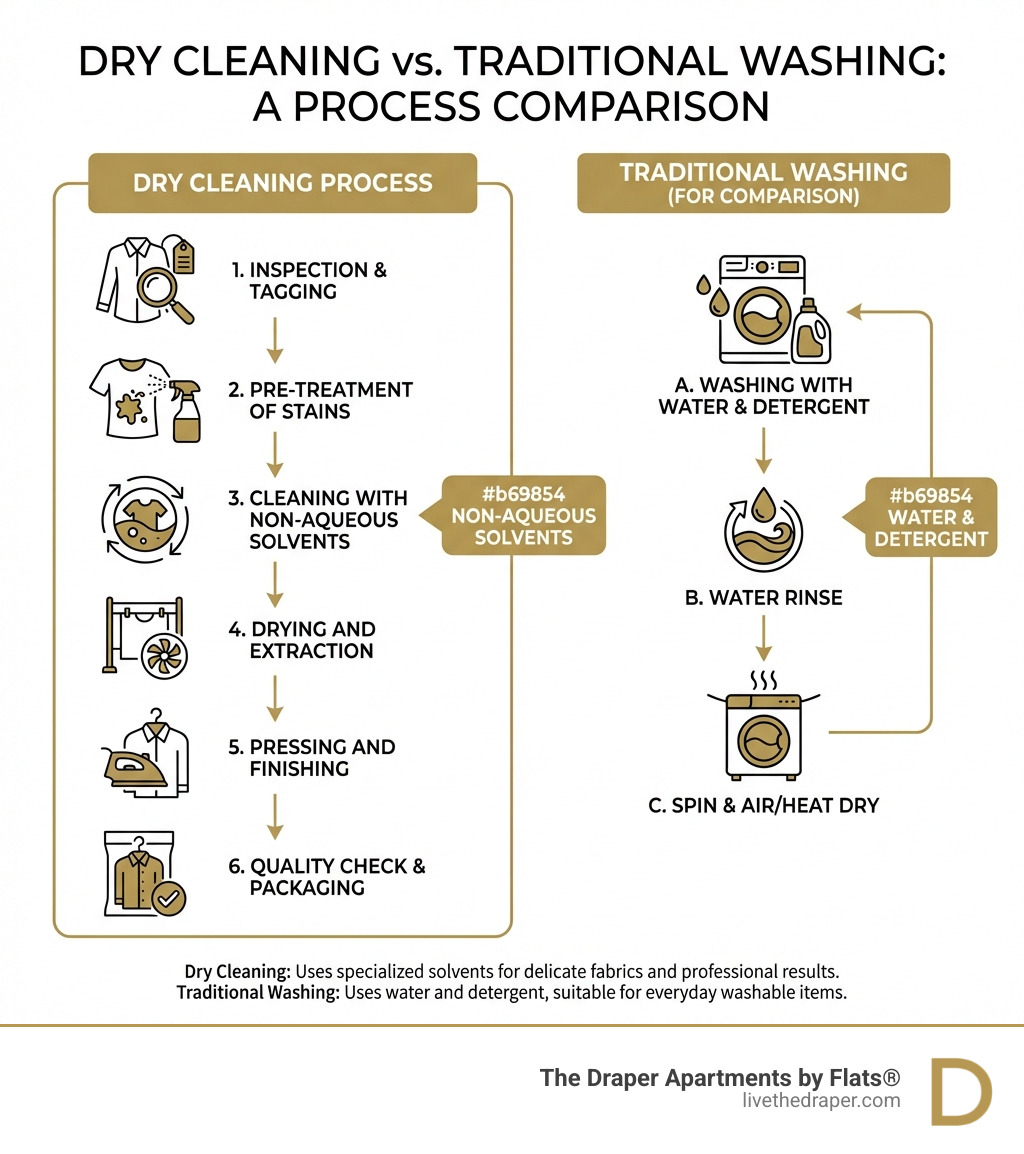 Infographic showing the dry cleaning process: inspection and tagging, pre-treatment of stains, cleaning with non-aqueous solvents, drying and extraction, pressing and finishing, quality check and packaging, compared to traditional washing which uses water and detergent - Dry cleaning service Chicago infographic 
