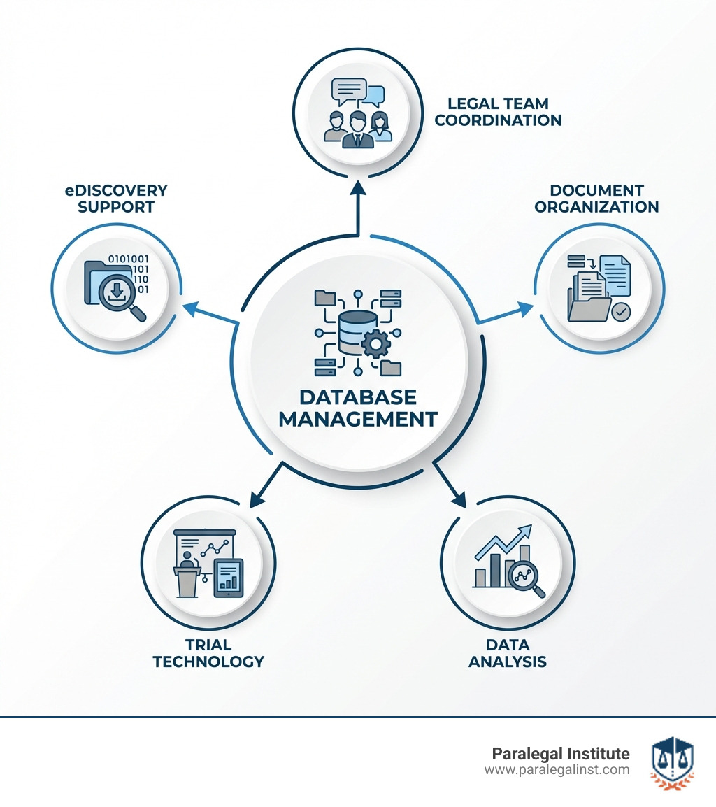 Infographic showing litigation support professional responsibilities: database management at the center, with branches connecting to eDiscovery support, document organization, trial technology, data analysis, and legal team coordination - what is a litigation support professional infographic Infographic showing litigation support professional responsibilities: database management at the center, with branches connecting to eDiscovery support, document organization, trial technology, data analysis, and legal team coordination - what is a litigation support professional infographic