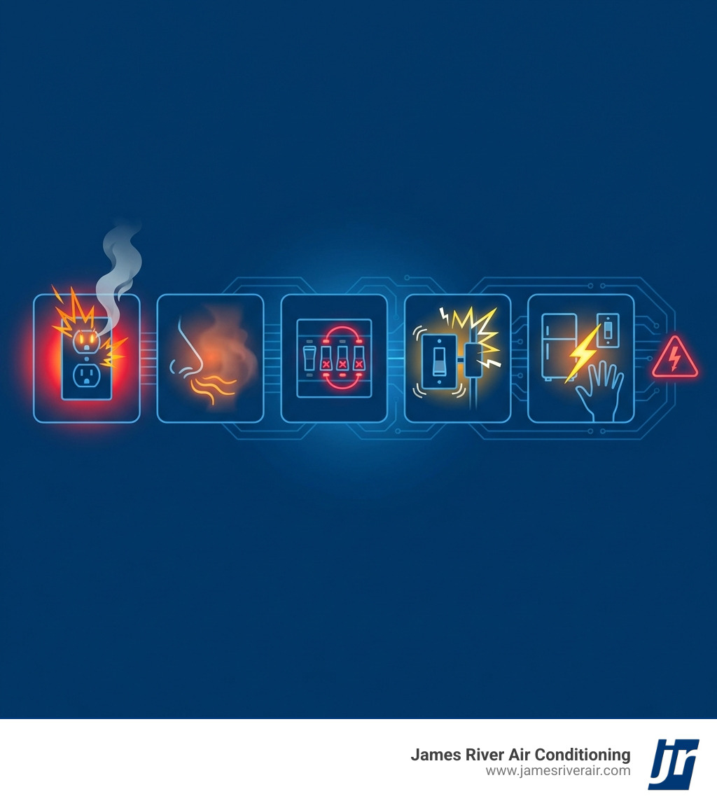 Infographic showing the top 5 signs you need emergency electrical help: 1) Sparks or smoke from outlets or fixtures, 2) Burning smell with no clear source, 3) Multiple circuit breakers tripping repeatedly, 4) Buzzing or crackling sounds from electrical components, 5) Any electrical shock or tingling sensation when touching appliances or switches - 24 hour electrical service in petersburg, va infographic Infographic showing the top 5 signs you need emergency electrical help: 1) Sparks or smoke from outlets or fixtures, 2) Burning smell with no clear source, 3) Multiple circuit breakers tripping repeatedly, 4) Buzzing or crackling sounds from electrical components, 5) Any electrical shock or tingling sensation when touching appliances or switches - 24 hour electrical service in petersburg, va infographic