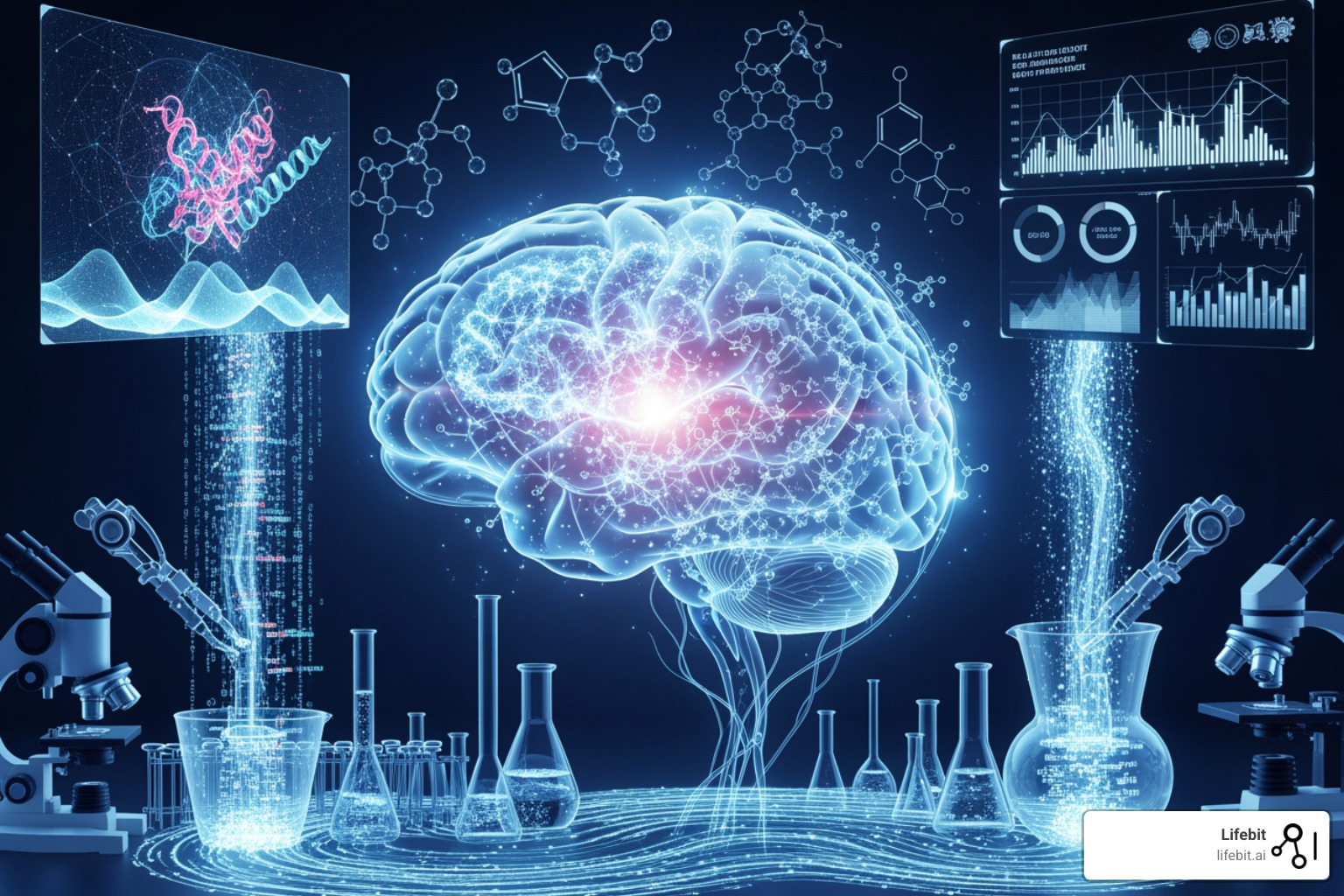 A graphic illustrating the drug discovery pipeline with icons representing Target Discovery, Molecule Design, Preclinical Testing, Clinical Trials, and Regulatory Approval. Arrows connect them, with smaller AI icons embedded in each stage, signifying AI's acceleration. - ai-powered drug discovery