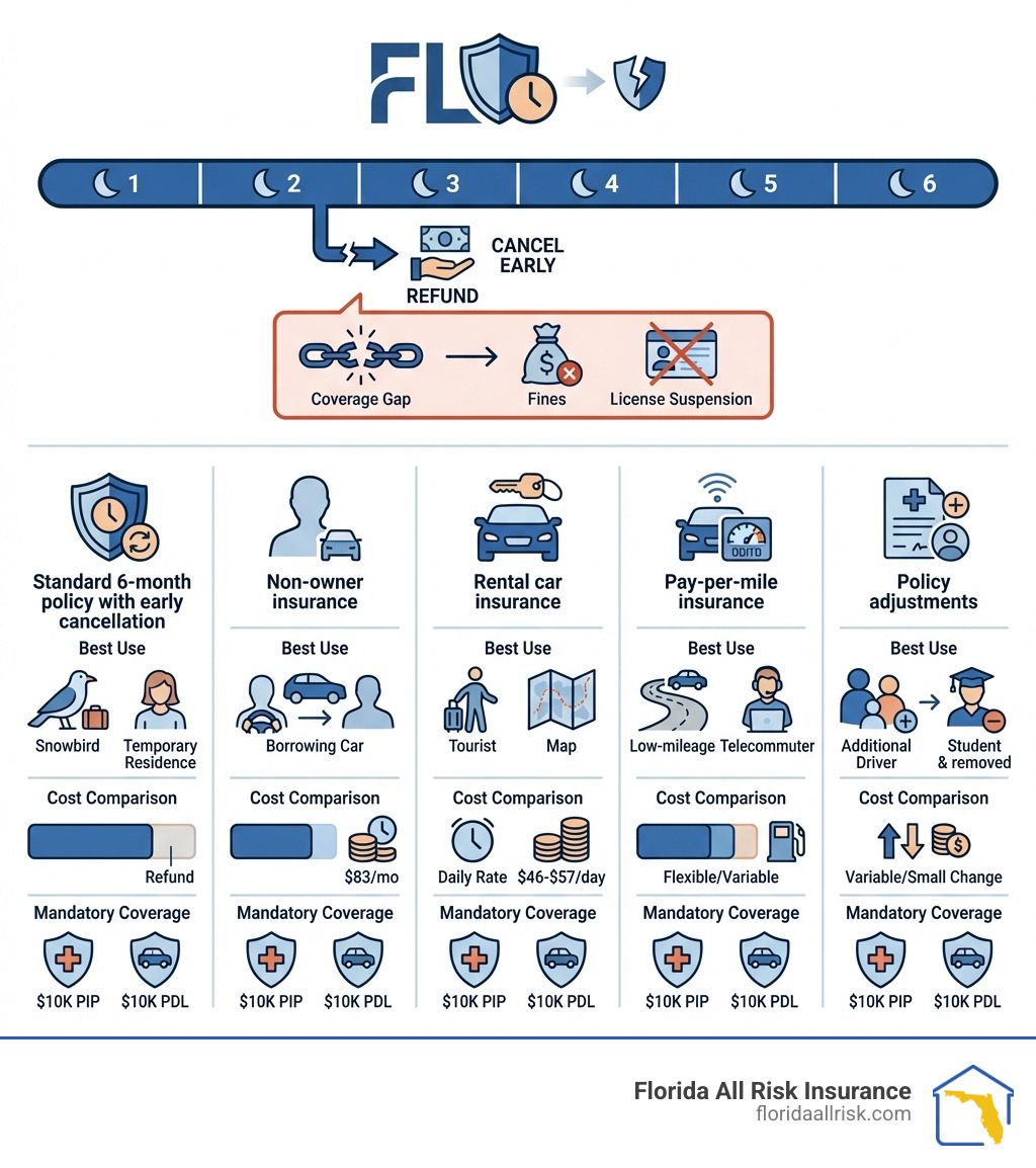 Infographic showing Florida short-term car insurance alternatives: Standard 6-month policy with early cancellation option, non-owner insurance for drivers without vehicles, rental car insurance for temporary rentals, pay-per-mile insurance for infrequent drivers, and policy adjustments for adding or removing drivers. Each option includes average costs, best use cases, and Florida's mandatory coverage requirements of $10,000 PIP and $10,000 PDL. Visual includes timeline showing 6-month standard term, cost comparison bars, and warning about coverage gaps leading to fines and license suspension. - short term car insurance Florida infographic 