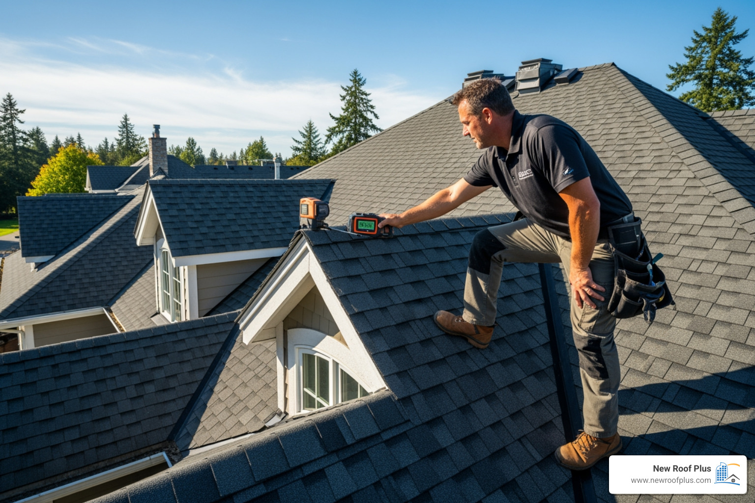 roofing contractor measuring a complex roof - metal roof estimate
