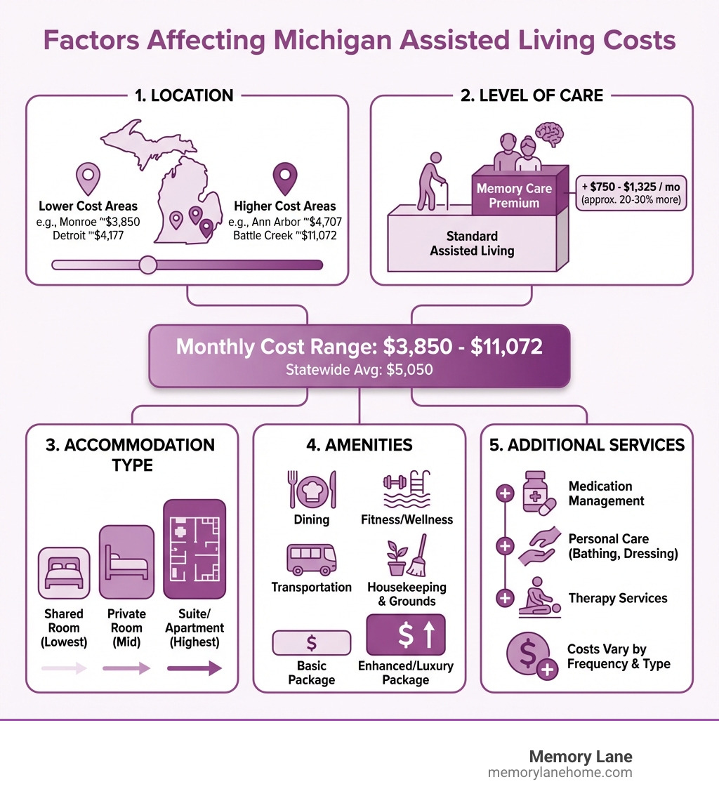 infographic showing factors affecting Michigan assisted living costs including location, level of care, accommodation type, amenities, and additional services with approximate cost ranges for each - assisted living costs Michigan infographic 