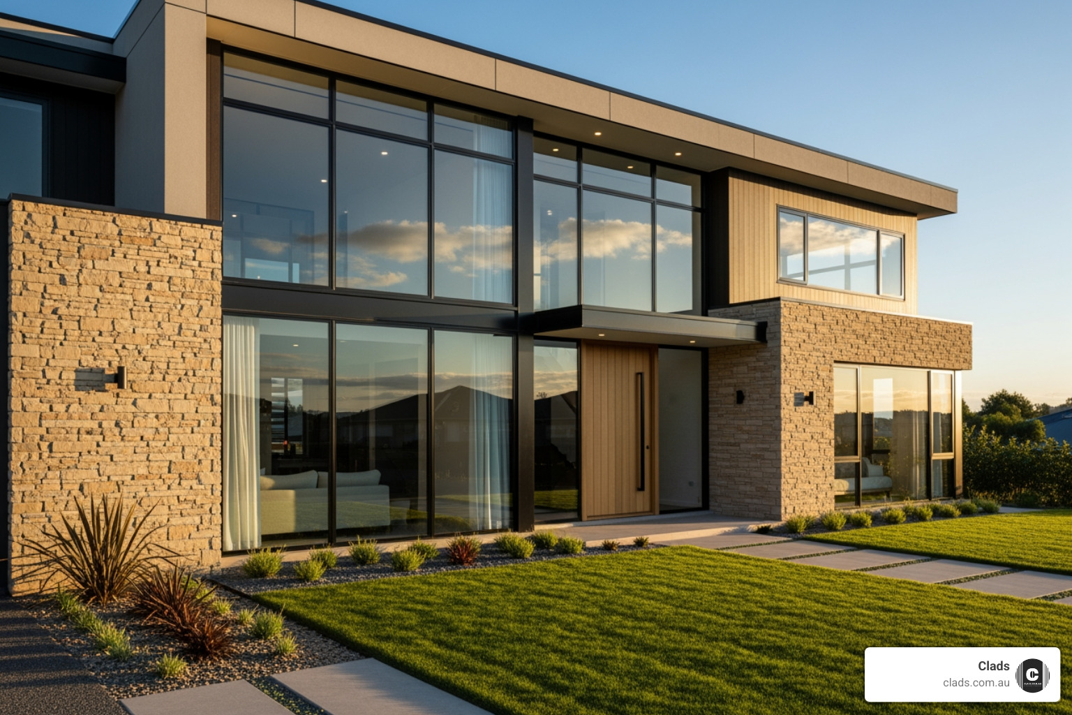 Architectural residential design using a mix of natural cladding materials australia and glass.