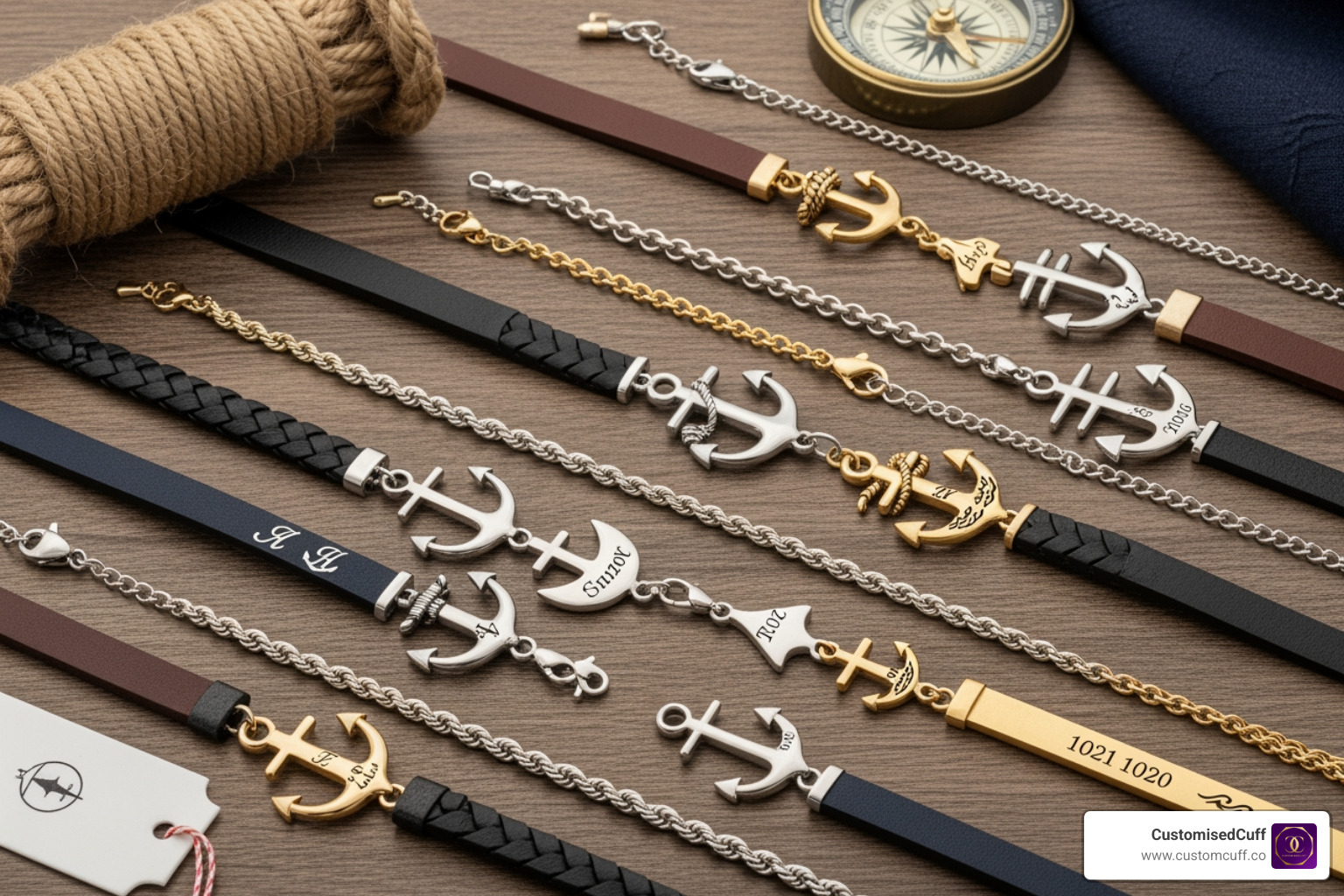 Various CustomisedCuff anchor bracelets in different materials and styles - engraved anchor bracelet