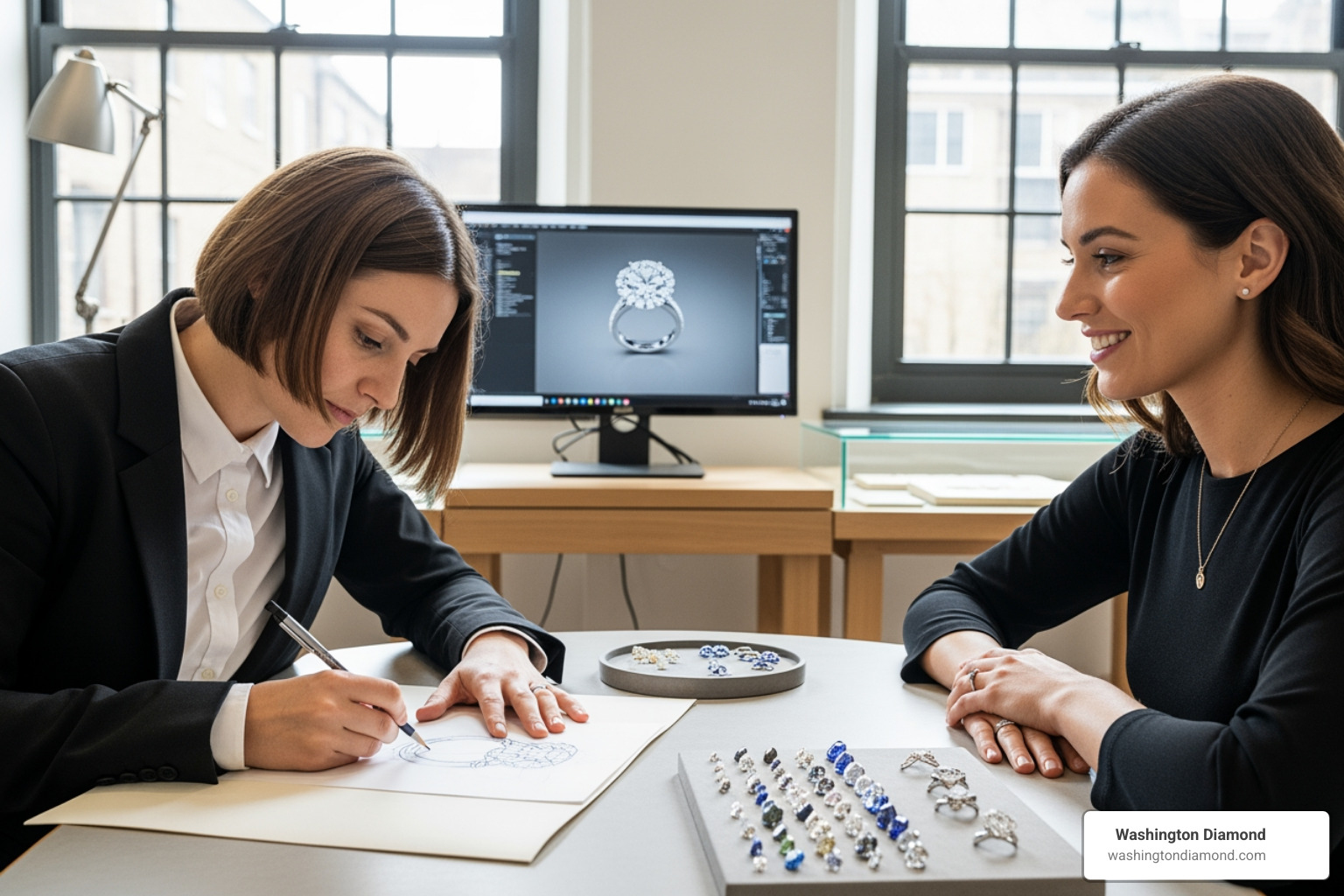 designer sketching ring with client - Custom design engagement ring designer sketching ring with client - Custom design engagement ring