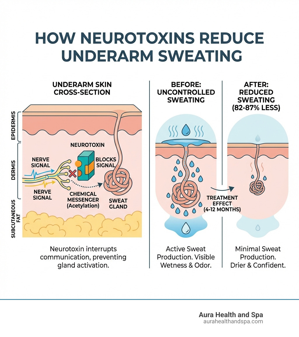 infographic showing cross-section of underarm skin with sweat gland, nerve signal pathway, and neurotoxin blocking the chemical messenger between nerve and gland, with before and after sweat production comparison - botox armpits near me infographic 
