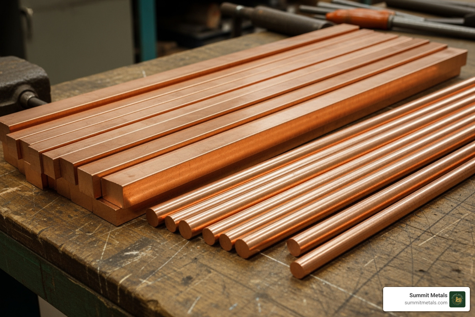 industrial flat and round copper bars on a workshop bench - Copper bar cost industrial flat and round copper bars on a workshop bench - Copper bar cost