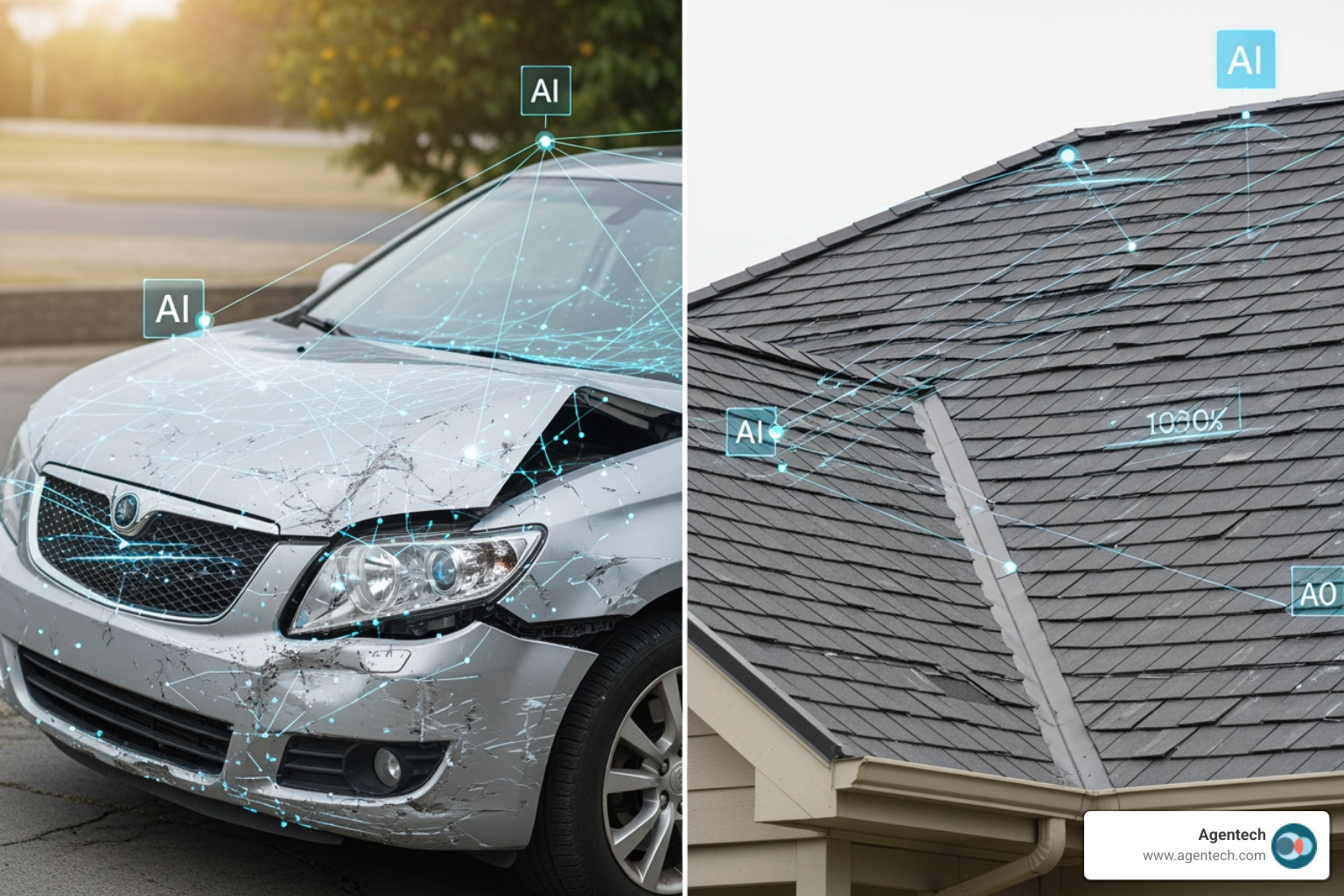 Split screen showing AI analyzing a damaged car on one side and a damaged roof on the other - AI driven claims management