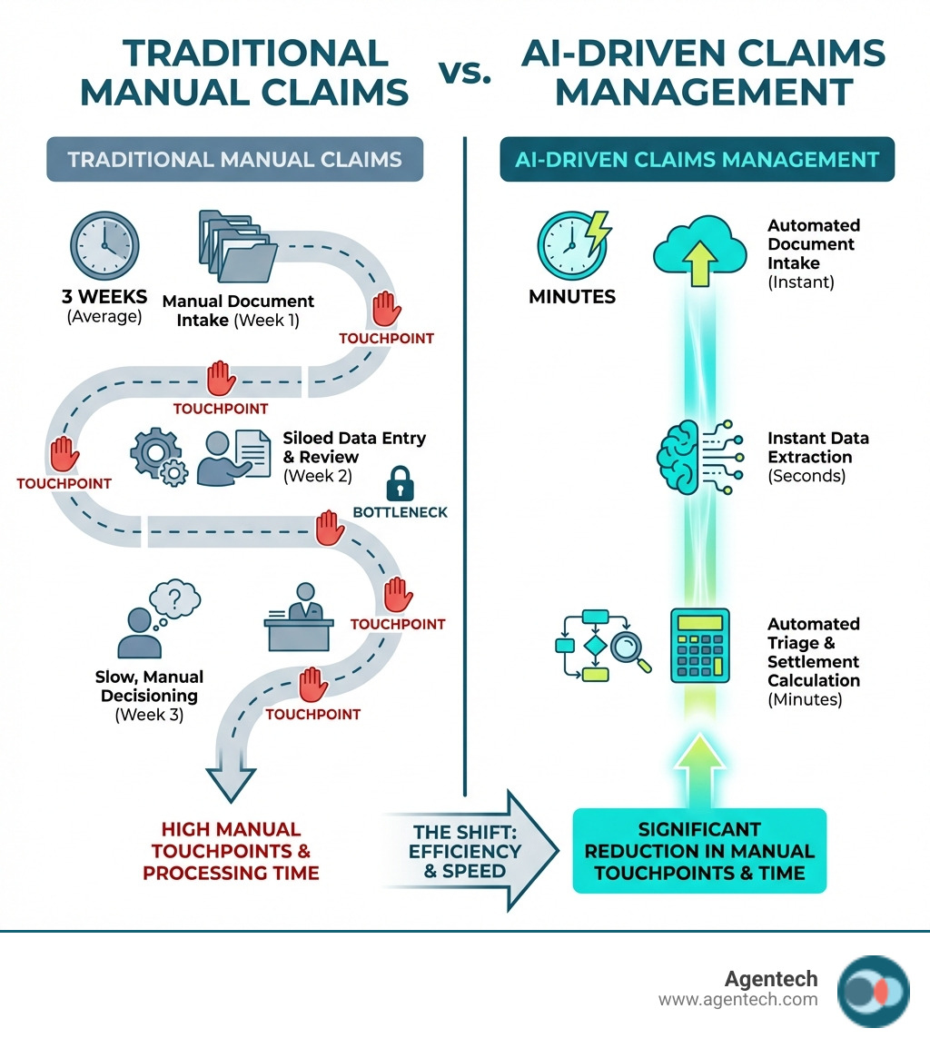 Infographic comparing traditional manual claims processing showing multiple steps over 3 weeks versus AI driven claims management with automated document intake, instant data extraction, automated triage, and settlement calculation completed in minutes, highlighting reduction in manual touchpoints and processing time - AI driven claims management infographic
