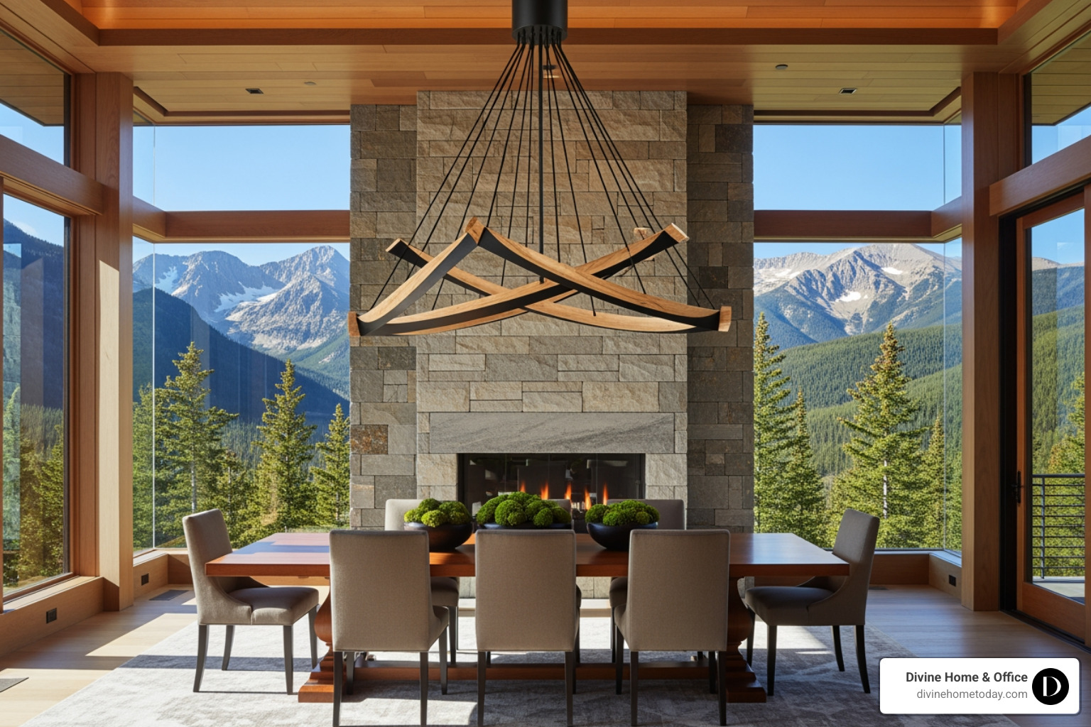 A modern, sculptural pendant light hanging over a traditional dining set in a luxury Colorado mountain dining room with large windows and natural light. - antique and modern decor A modern, sculptural pendant light hanging over a traditional dining set in a luxury Colorado mountain dining room with large windows and natural light. - antique and modern decor