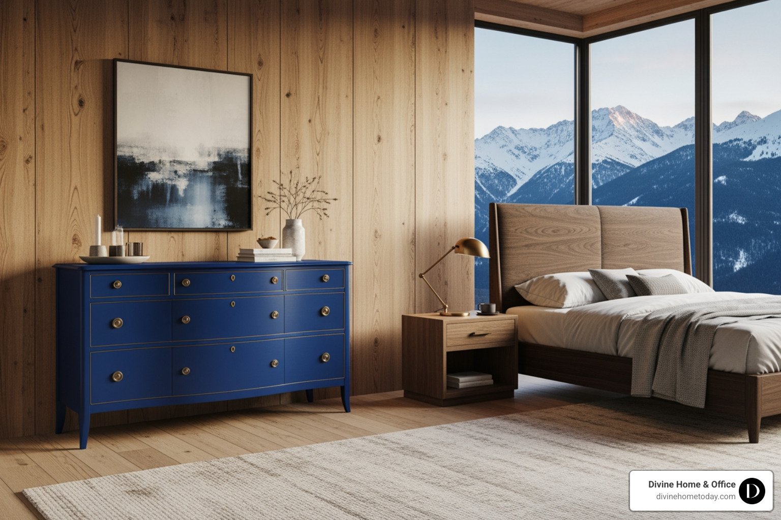 A vintage dresser painted a bold, modern color, placed in a luxury modern mountain bedroom with natural wood tones and soft lighting. - antique and modern decor A vintage dresser painted a bold, modern color, placed in a luxury modern mountain bedroom with natural wood tones and soft lighting. - antique and modern decor
