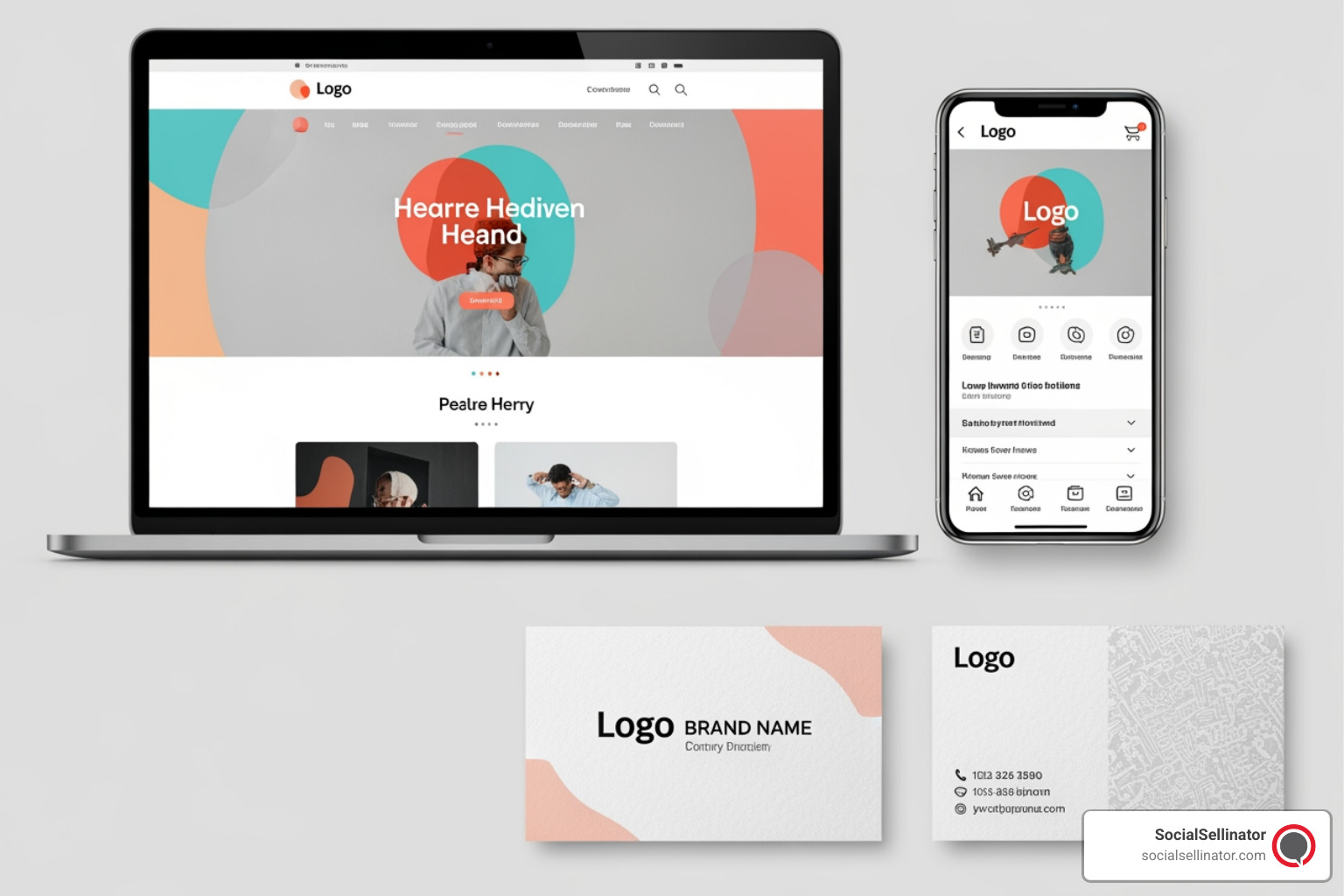 A collage displaying a consistent brand identity on a laptop screen, a smartphone, and a printed business card. - branding service A collage displaying a consistent brand identity on a laptop screen, a smartphone, and a printed business card. - branding service