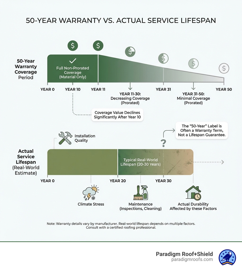 Infographic showing a timeline comparing "50-Year Warranty Coverage Period" versus "Actual Service Lifespan" with key milestones: Years 1-10 showing full non-prorated coverage, Years 11-50 showing decreasing prorated coverage, and a separate timeline showing typical real-world lifespan of 20-30 years with factors like installation quality, climate stress, and maintenance affecting actual durability - asphalt shingles 50 year warranty infographic Infographic showing a timeline comparing "50-Year Warranty Coverage Period" versus "Actual Service Lifespan" with key milestones: Years 1-10 showing full non-prorated coverage, Years 11-50 showing decreasing prorated coverage, and a separate timeline showing typical real-world lifespan of 20-30 years with factors like installation quality, climate stress, and maintenance affecting actual durability - asphalt shingles 50 year warranty infographic