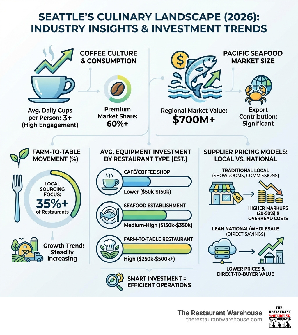 Infographic showing Seattle restaurant industry statistics including coffee consumption rates, seafood market size, percentage of farm-to-table restaurants, average equipment investment by restaurant type, and comparison of local vs national supplier pricing models - Seattle restaurant equipment infographic Infographic showing Seattle restaurant industry statistics including coffee consumption rates, seafood market size, percentage of farm-to-table restaurants, average equipment investment by restaurant type, and comparison of local vs national supplier pricing models - Seattle restaurant equipment infographic