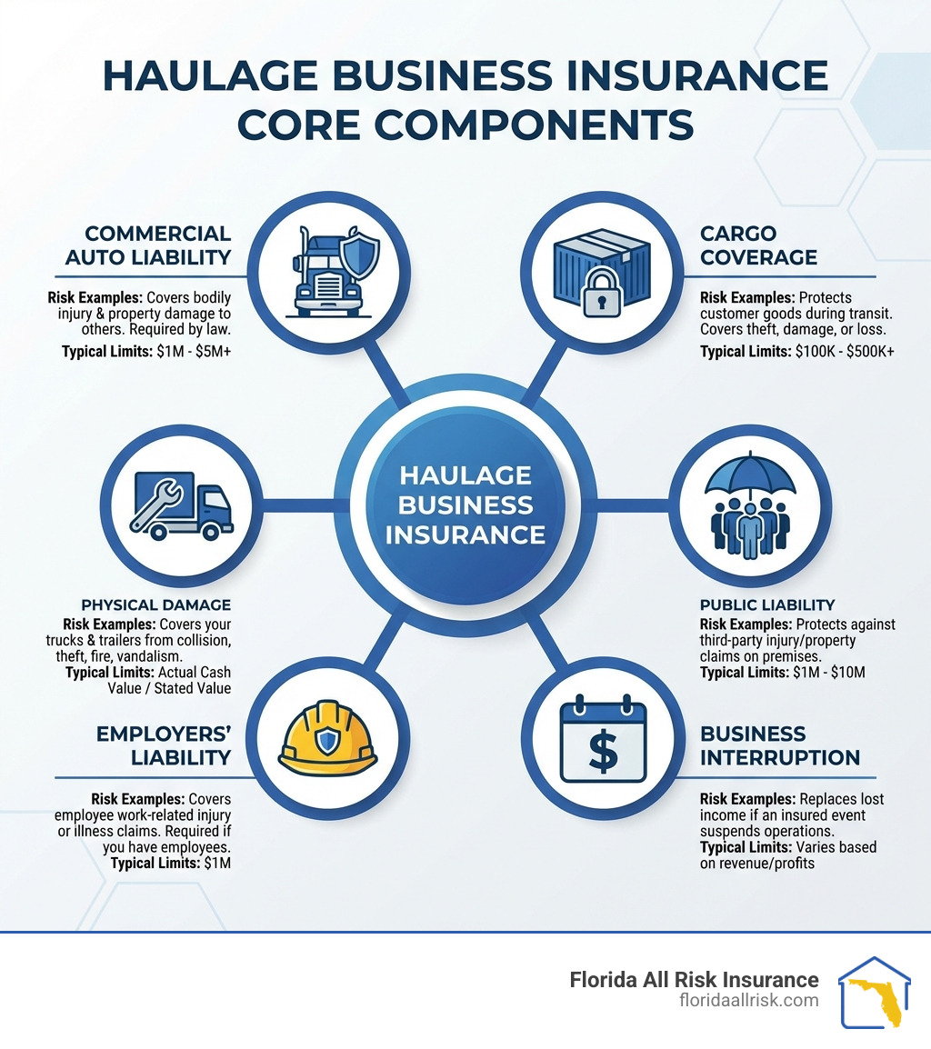 Infographic showing the core components of haulage business insurance: a central hub labeled 'Haulage Business Insurance' with six connected elements: 1) Commercial Auto Liability (truck icon with shield), 2) Cargo Coverage (box icon with lock), 3) Physical Damage (truck with wrench), 4) Public Liability (people icon with umbrella), 5) Employers' Liability (hardhat icon), and 6) Business Interruption (calendar with dollar sign). Each element shows typical coverage limits and brief risk examples like 'protects customer goods during transit' and 'covers employee work injuries'. - haulage business insurance infographic Infographic showing the core components of haulage business insurance: a central hub labeled 'Haulage Business Insurance' with six connected elements: 1) Commercial Auto Liability (truck icon with shield), 2) Cargo Coverage (box icon with lock), 3) Physical Damage (truck with wrench), 4) Public Liability (people icon with umbrella), 5) Employers' Liability (hardhat icon), and 6) Business Interruption (calendar with dollar sign). Each element shows typical coverage limits and brief risk examples like 'protects customer goods during transit' and 'covers employee work injuries'. - haulage business insurance infographic