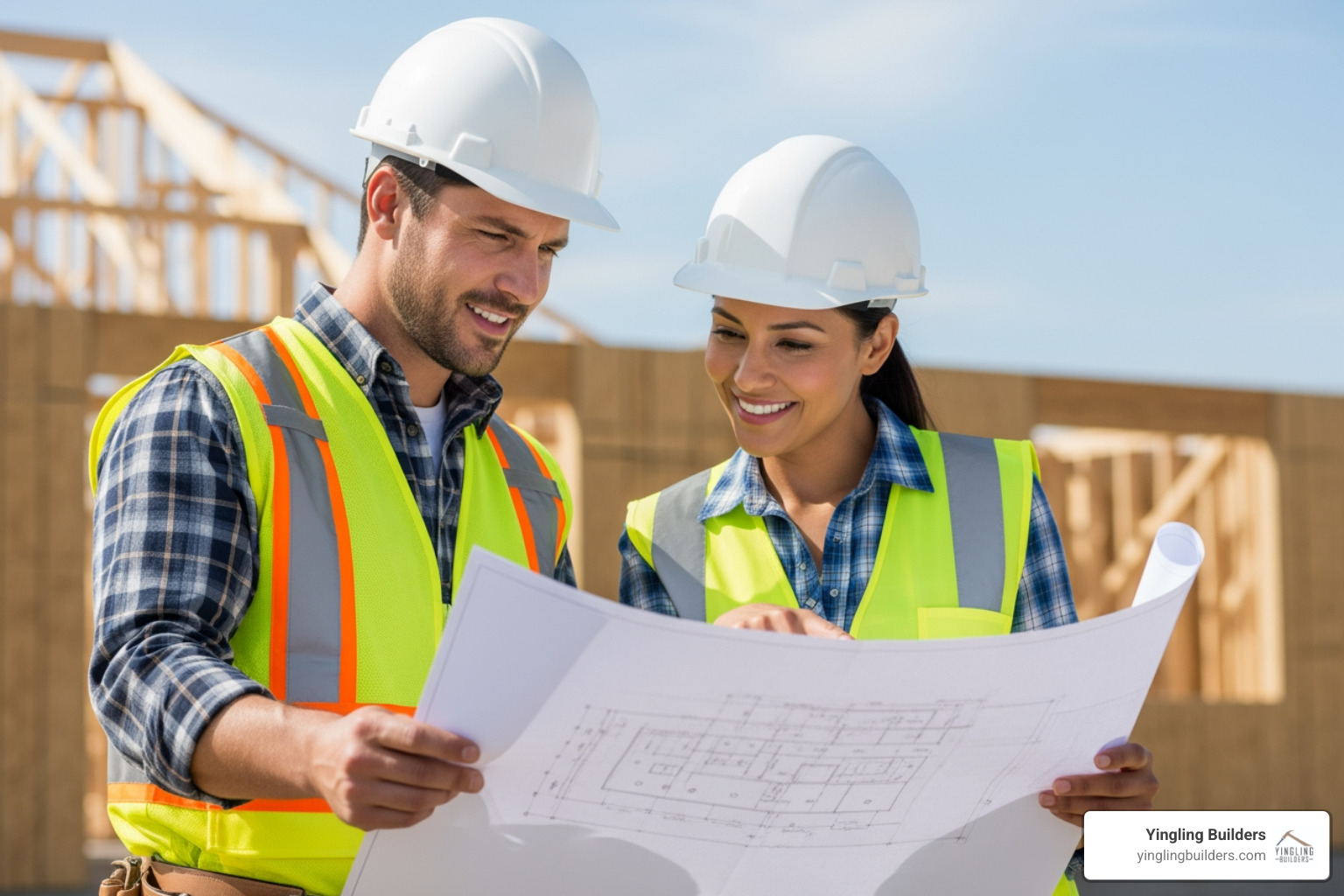 A construction worker reviewing blueprints on a custom home building site with a female architect - custom floor plan creator A construction worker reviewing blueprints on a custom home building site with a female architect - custom floor plan creator