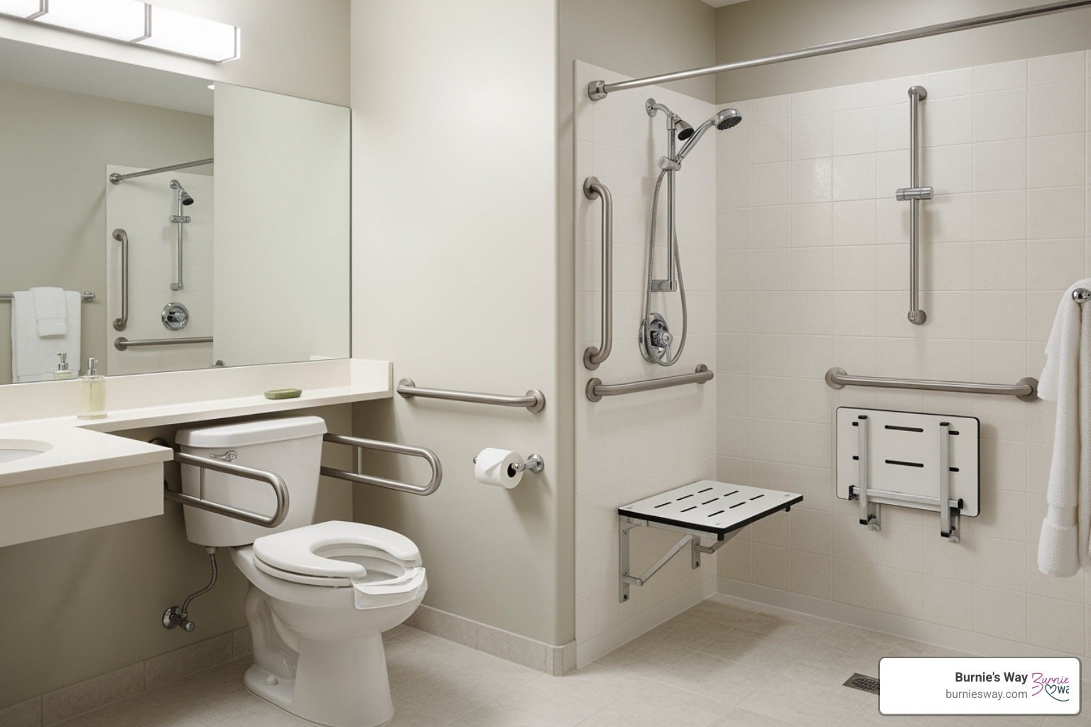 A safe and accessible bathroom with grab bars, a raised toilet seat, and a shower seat - how to care for an elderly person at home