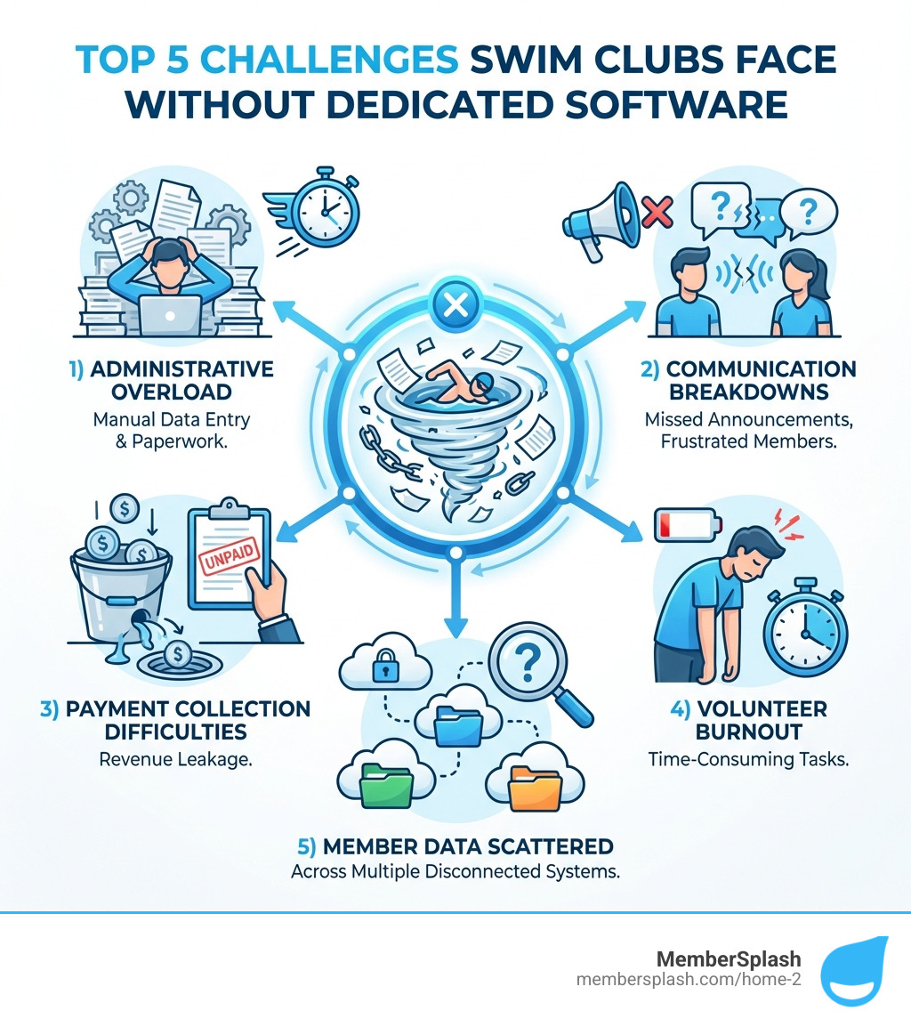 Infographic showing the top 5 challenges swim clubs face without dedicated software: 1) Administrative overload from manual data entry and paperwork, 2) Communication breakdowns leading to missed announcements and frustrated members, 3) Payment collection difficulties and revenue leakage, 4) Volunteer burnout from time-consuming tasks, 5) Member data scattered across multiple disconnected systems - Swim club management infographic Infographic showing the top 5 challenges swim clubs face without dedicated software: 1) Administrative overload from manual data entry and paperwork, 2) Communication breakdowns leading to missed announcements and frustrated members, 3) Payment collection difficulties and revenue leakage, 4) Volunteer burnout from time-consuming tasks, 5) Member data scattered across multiple disconnected systems - Swim club management infographic