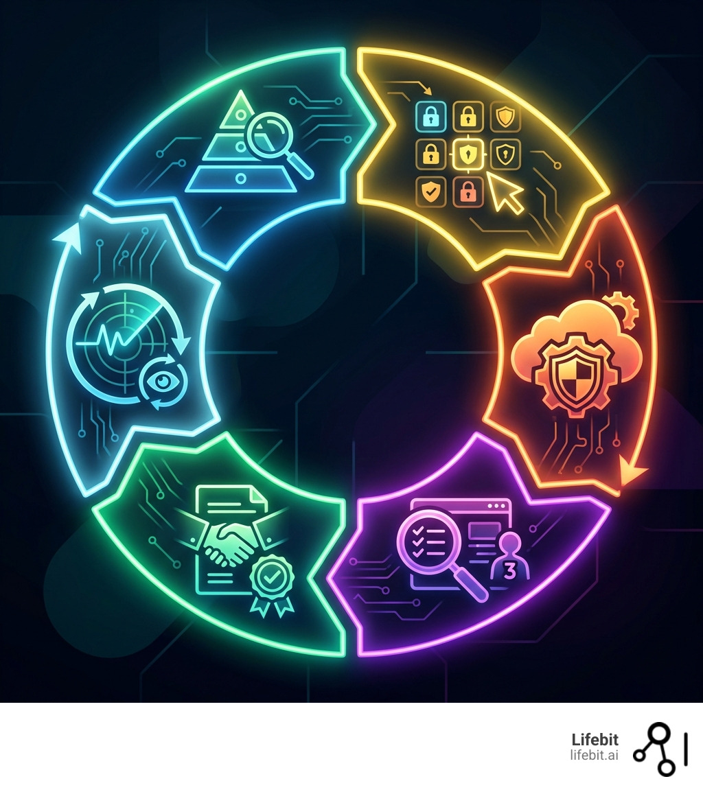 Infographic showing the 6 steps of NIST Risk Management Framework: Step 1 - Categorize the system based on impact level using FIPS 199; Step 2 - Select appropriate security controls from NIST SP 800-53; Step 3 - Implement security controls in the system; Step 4 - Assess controls through independent testing by 3PAO; Step 5 - Authorize system operation with formal ATO letter from agency; Step 6 - Monitor continuously with ongoing assessments and vulnerability management - niaid cloud ato compliance infographic 
