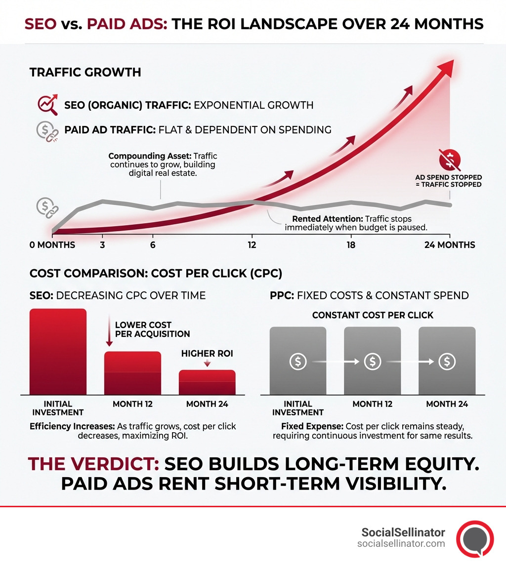 infographic showing SEO traffic growing exponentially over 24 months while paid ad traffic remains flat and dependent on continued spending, with cost comparison bars showing SEO's decreasing cost per click over time versus PPC's fixed costs - Is SEO worth it? infographic 
