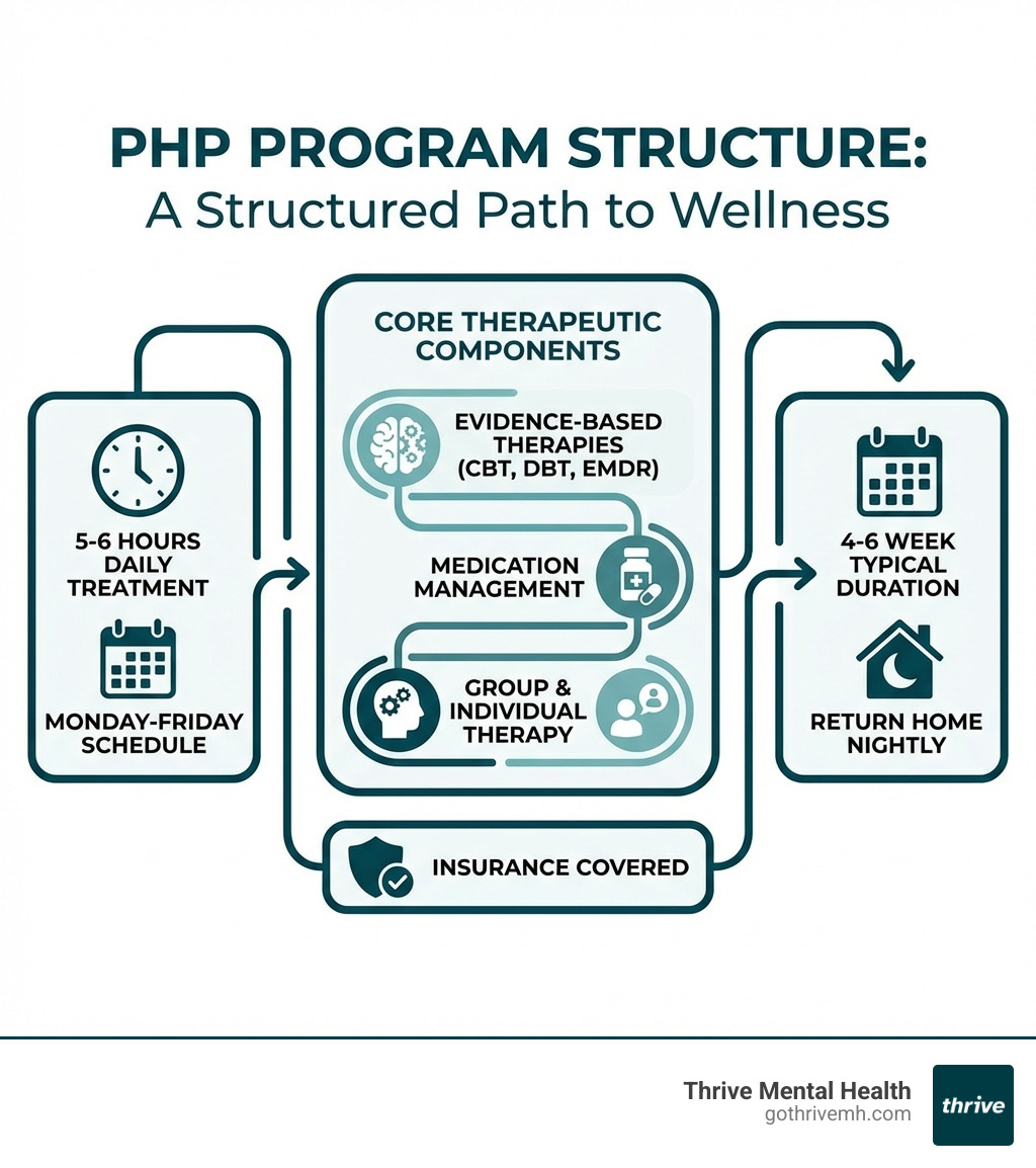 Infographic showing PHP program structure: 5-6 hours daily treatment, Monday-Friday schedule, evidence-based therapies (CBT, DBT, EMDR), medication management, group and individual therapy, 4-6 week typical duration, return home nightly, insurance covered - Find the best partial hospitalization programs in Tampa Bay for adults. infographic 
