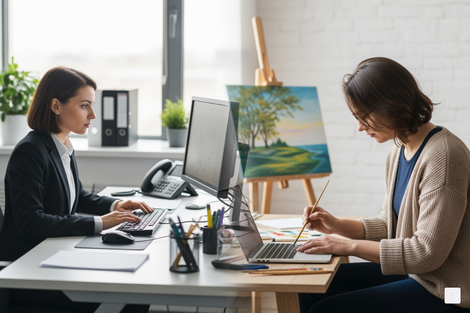 Image illustrating a dual-role scenario (e.g., person as an employee at a desk and as a contractor on a separate project) - do 1099 employees get a w2