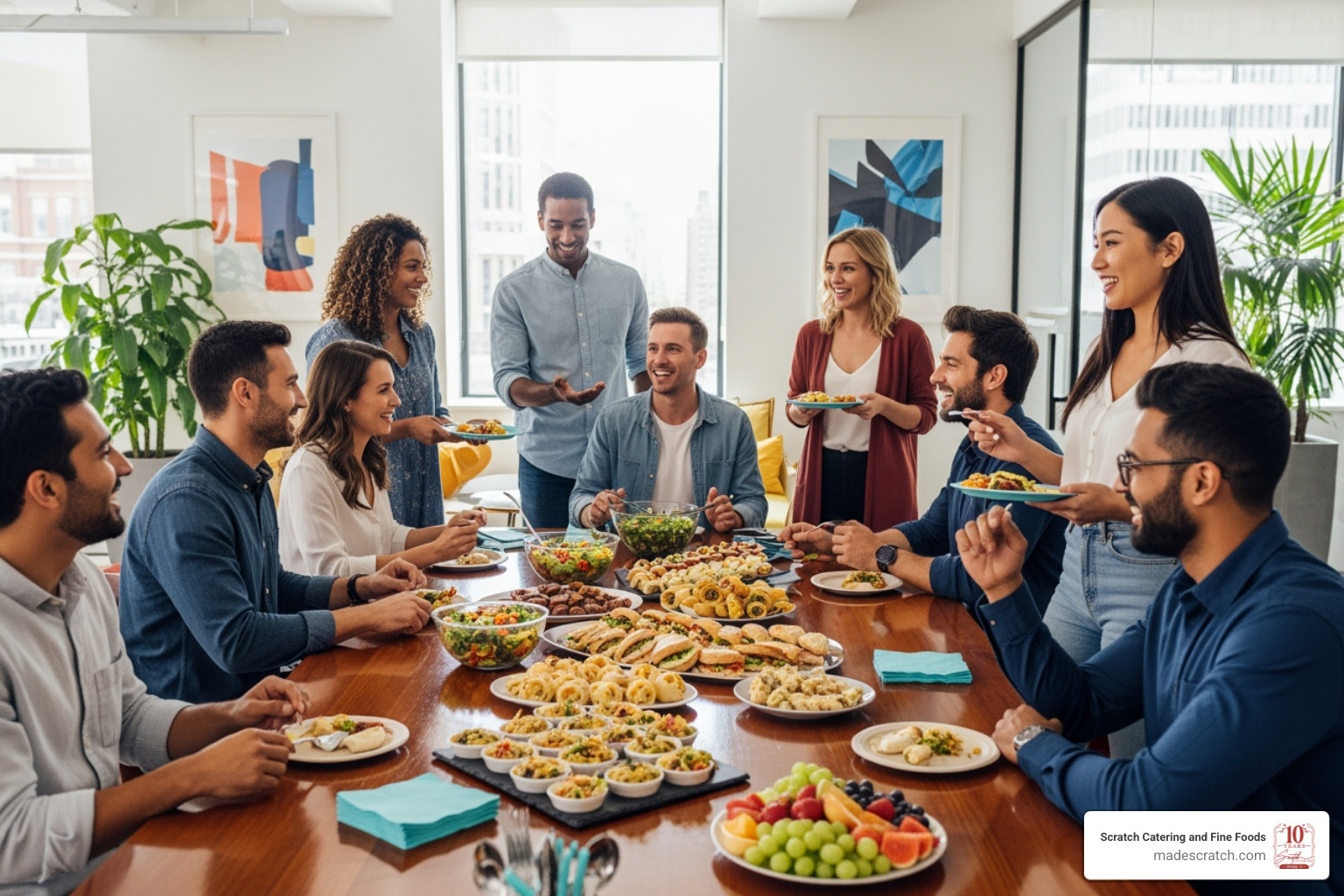 Image of happy employees enjoying a catered lunch in an office setting, smiling and interacting over plates of appealing food. - daily catering menu