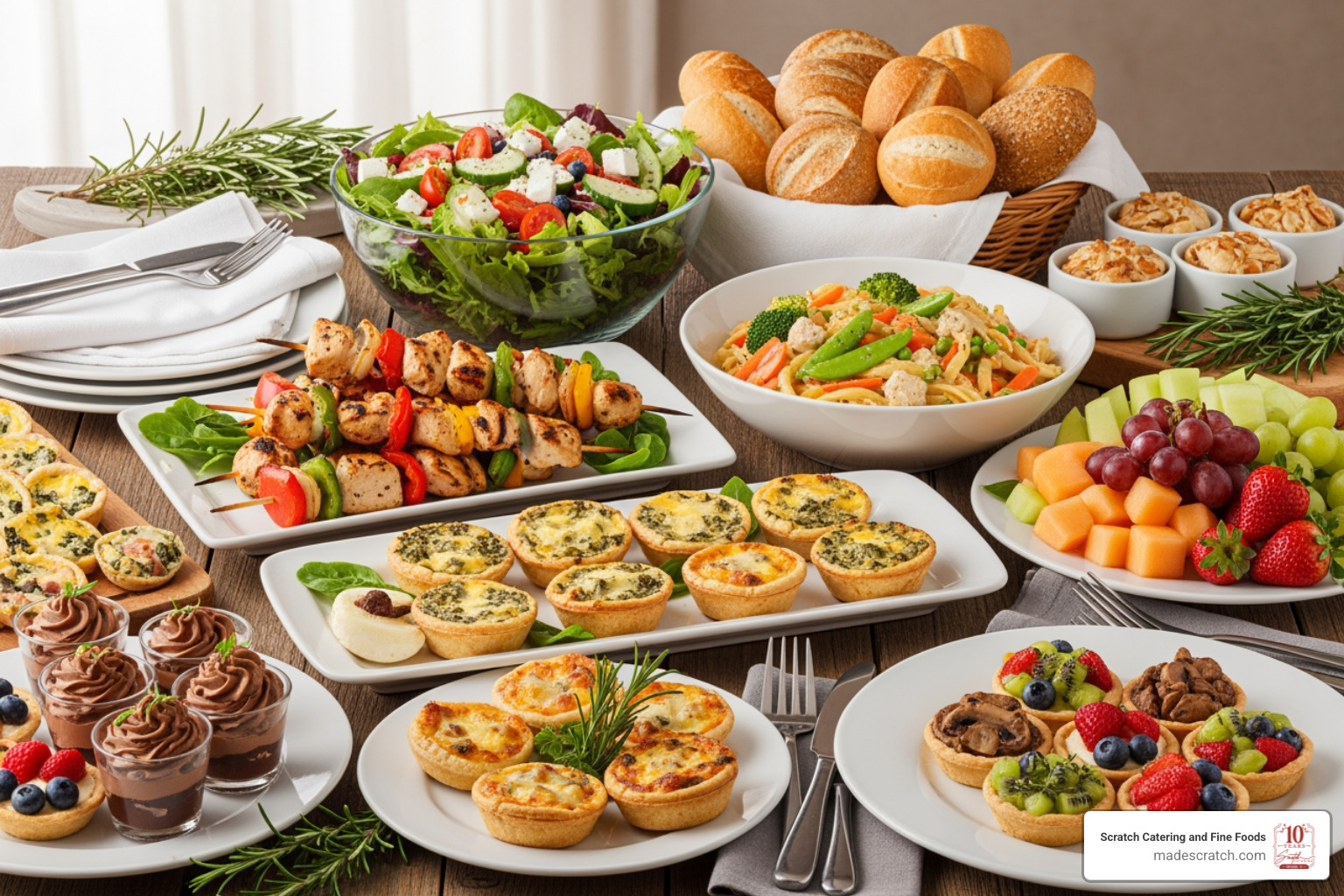 A weekly menu calendar displaying diverse daily themes, from 'Mediterranean Monday' to 'Tex-Mex Tuesday' and 'Wellness Wednesday', with colorful food images for each day. - daily catering menu