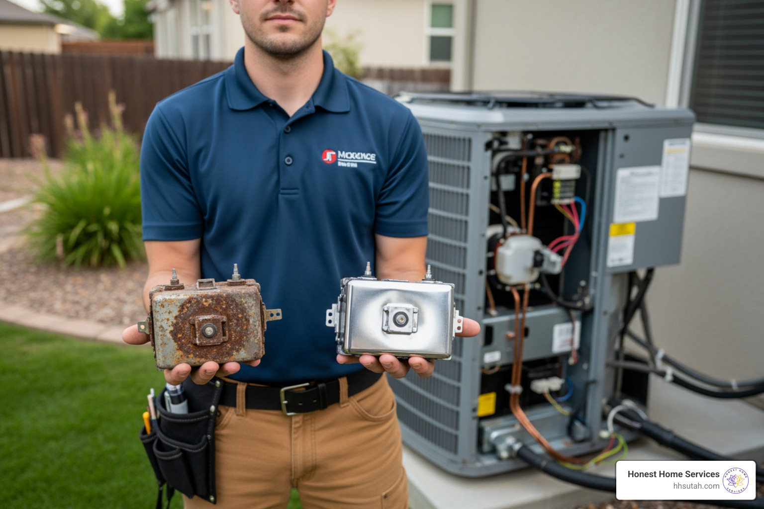 technician showing old and new AC parts - air conditioner repair SLC technician showing old and new AC parts - air conditioner repair SLC