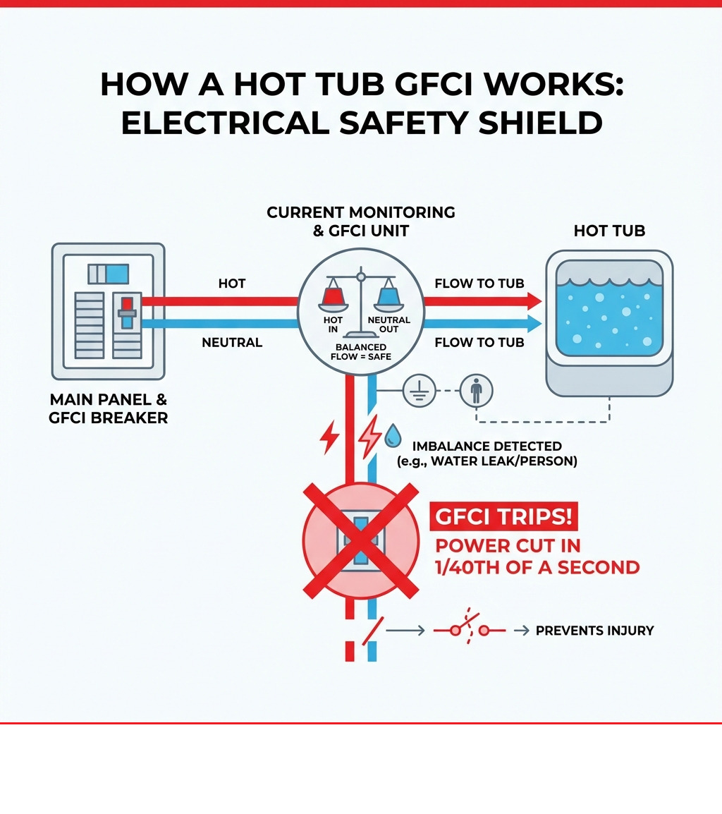Infographic showing how a GFCI works: electricity flows from the panel through the hot and neutral wires to the hot tub, and the GFCI constantly monitors that the same amount of current flows back; if even a tiny amount leaks to ground (like through water or a person), the GFCI detects the imbalance and trips the circuit in 1/40th of a second, cutting all power before injury occurs - hot tub gfci breaker installation infographic Infographic showing how a GFCI works: electricity flows from the panel through the hot and neutral wires to the hot tub, and the GFCI constantly monitors that the same amount of current flows back; if even a tiny amount leaks to ground (like through water or a person), the GFCI detects the imbalance and trips the circuit in 1/40th of a second, cutting all power before injury occurs - hot tub gfci breaker installation infographic