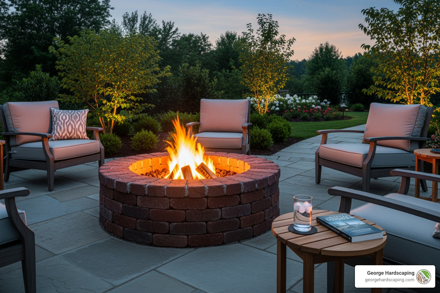 A diagram showing a backyard with a fire pit placed a safe 25-foot distance from the house, trees, and a shed, with clear safety zones. - Brick outdoor firepit