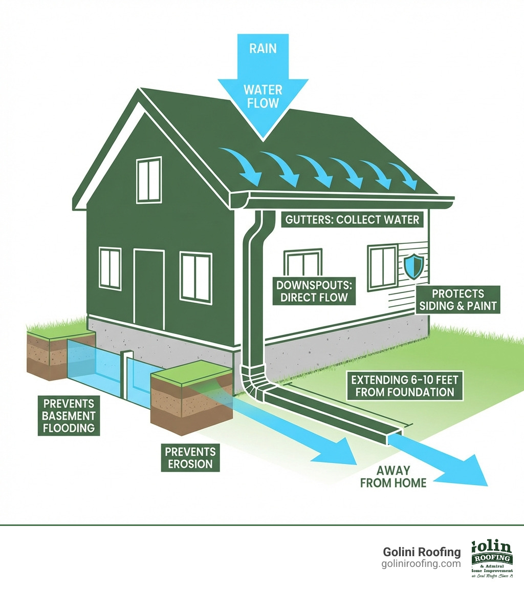 infographic showing how rain gutters protect a home by directing water away from the foundation, preventing basement flooding, erosion, and siding damage, with labeled arrows showing water flow from roof to gutters to downspouts extending 6-10 feet from the foundation - rain gutters installers near me infographic infographic showing how rain gutters protect a home by directing water away from the foundation, preventing basement flooding, erosion, and siding damage, with labeled arrows showing water flow from roof to gutters to downspouts extending 6-10 feet from the foundation - rain gutters installers near me infographic