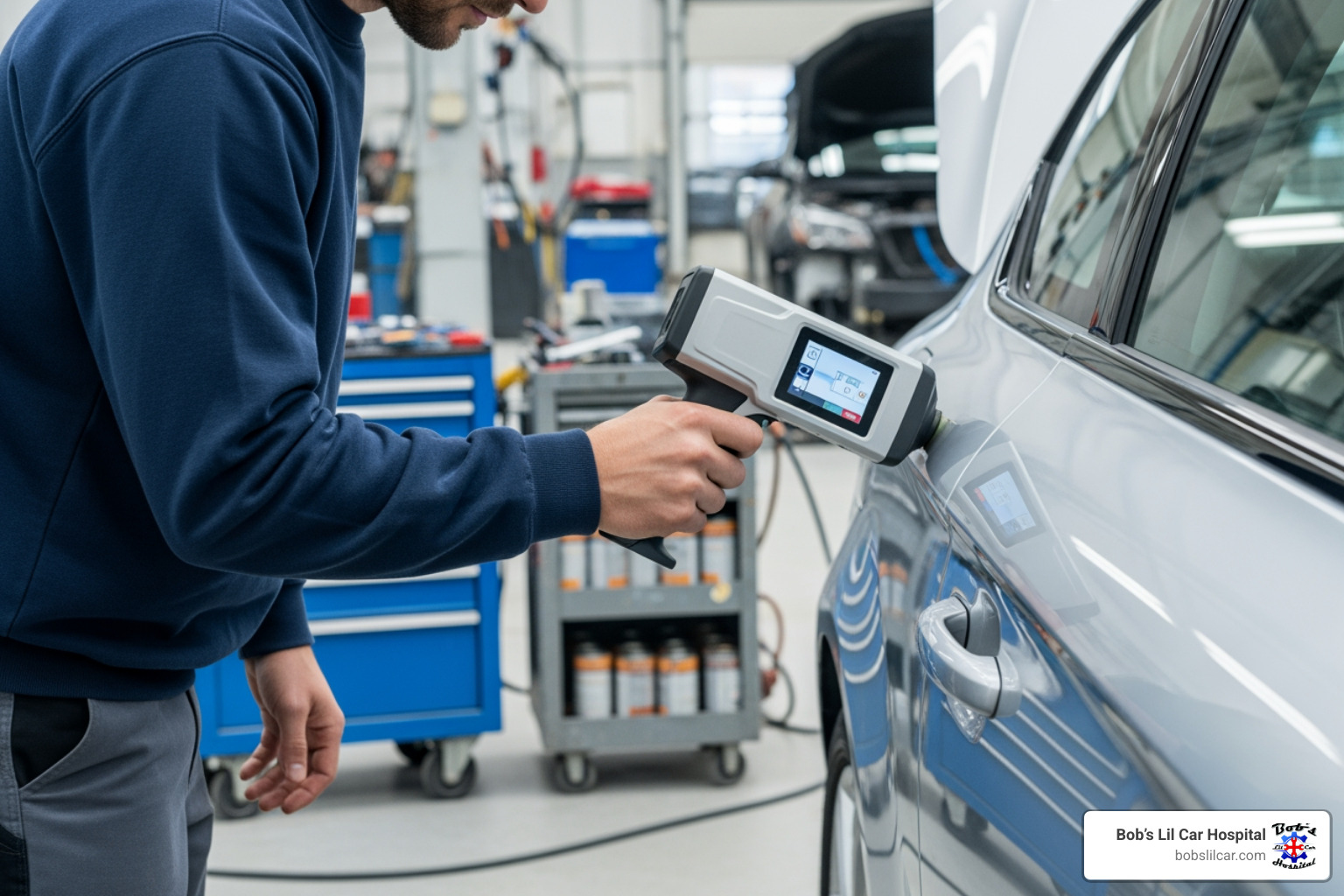 A technician using a paint-matching camera on a car panel to ensure a perfect color match - auto body kelso
