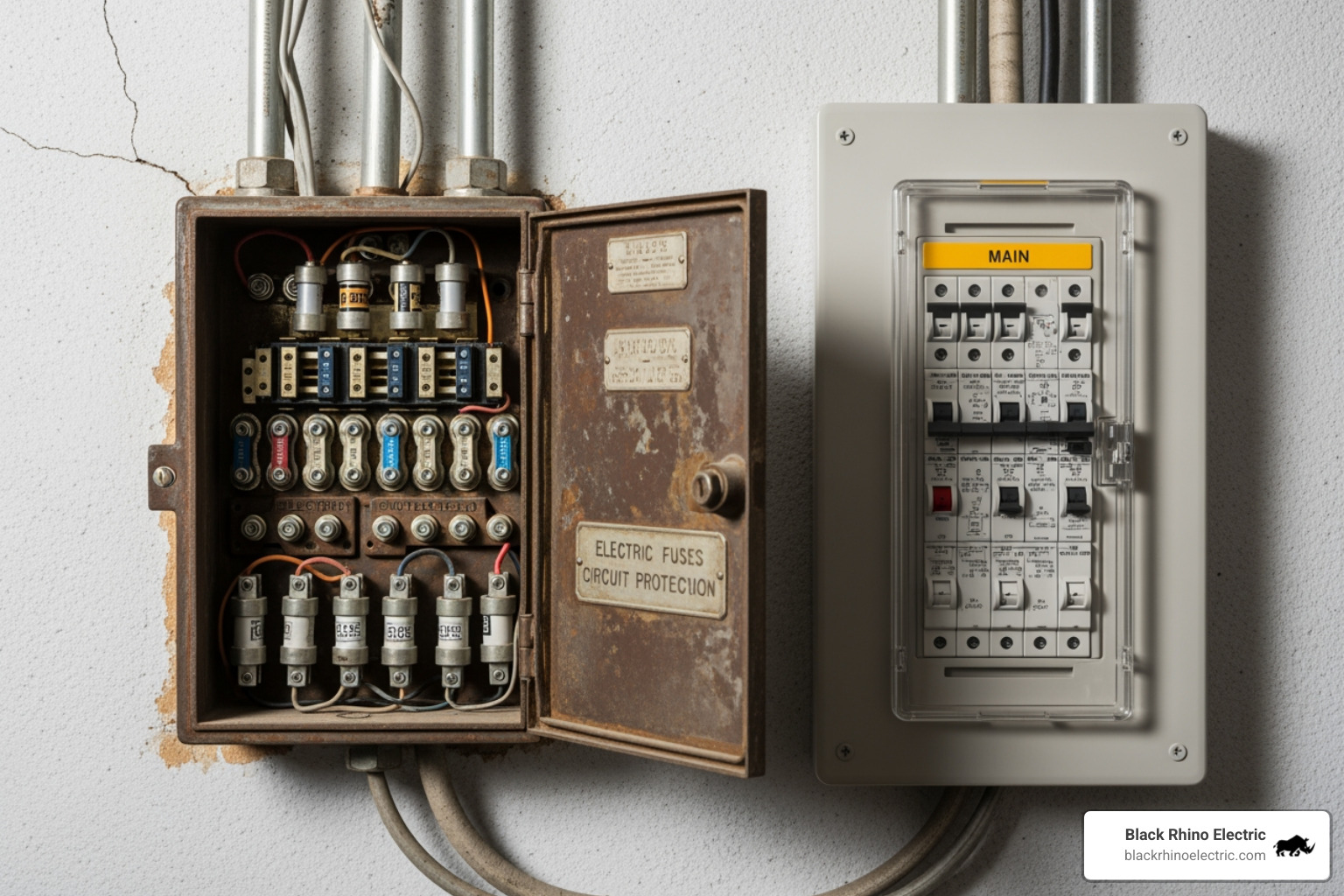 old fuse box next to new circuit breaker panel - cost of installing a new electrical panel