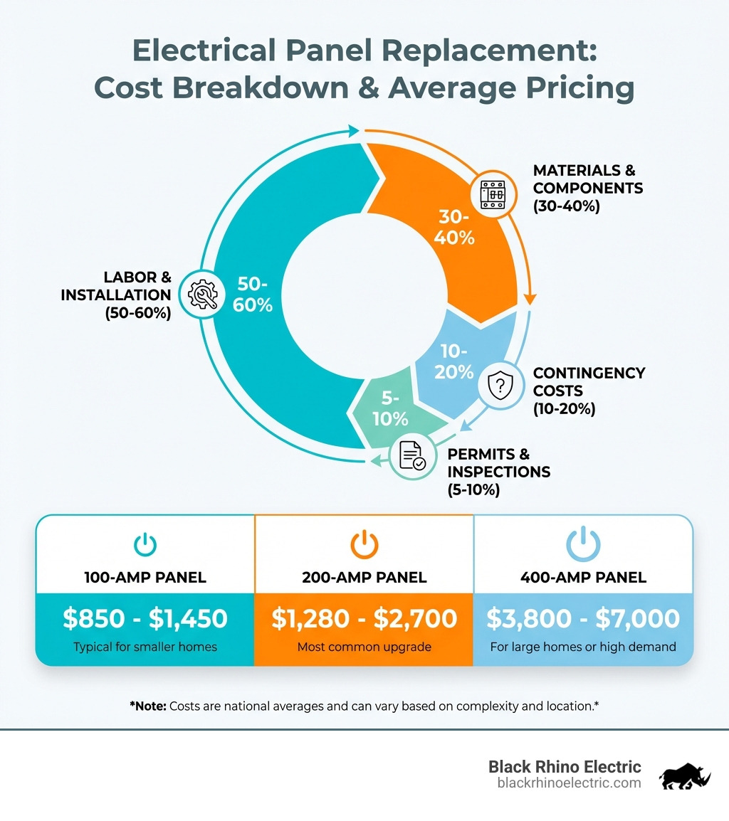 infographic showing cost breakdown of electrical panel replacement with percentages for labor (50-60%), materials (30-40%), permits (5-10%), and contingency costs (10-20%), along with average costs for 100-amp ($850-$1,450), 200-amp ($1,280-$2,700), and 400-amp ($3,800-$7,000) installations - cost of installing a new electrical panel infographic 